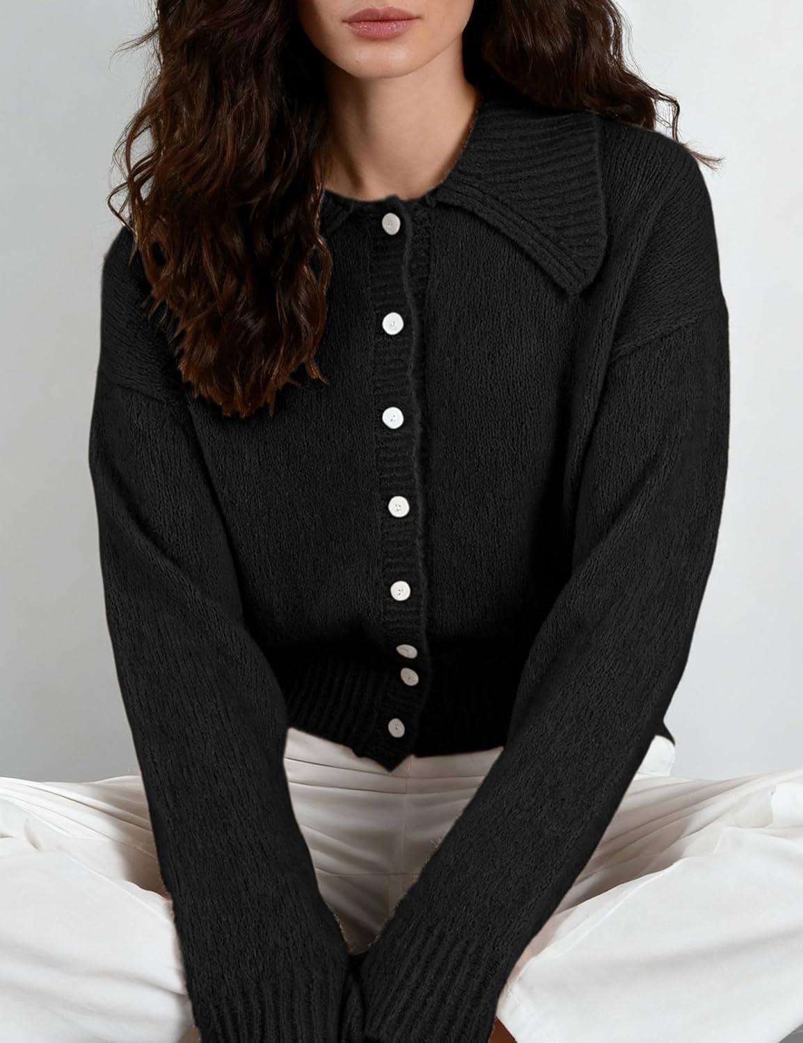 Watashi Women Sweater Cardigan Casual Cropped Collared Knit Cardigans Button Up Long Sleeve Fall Spring Sweaters Knitwear - Image 3