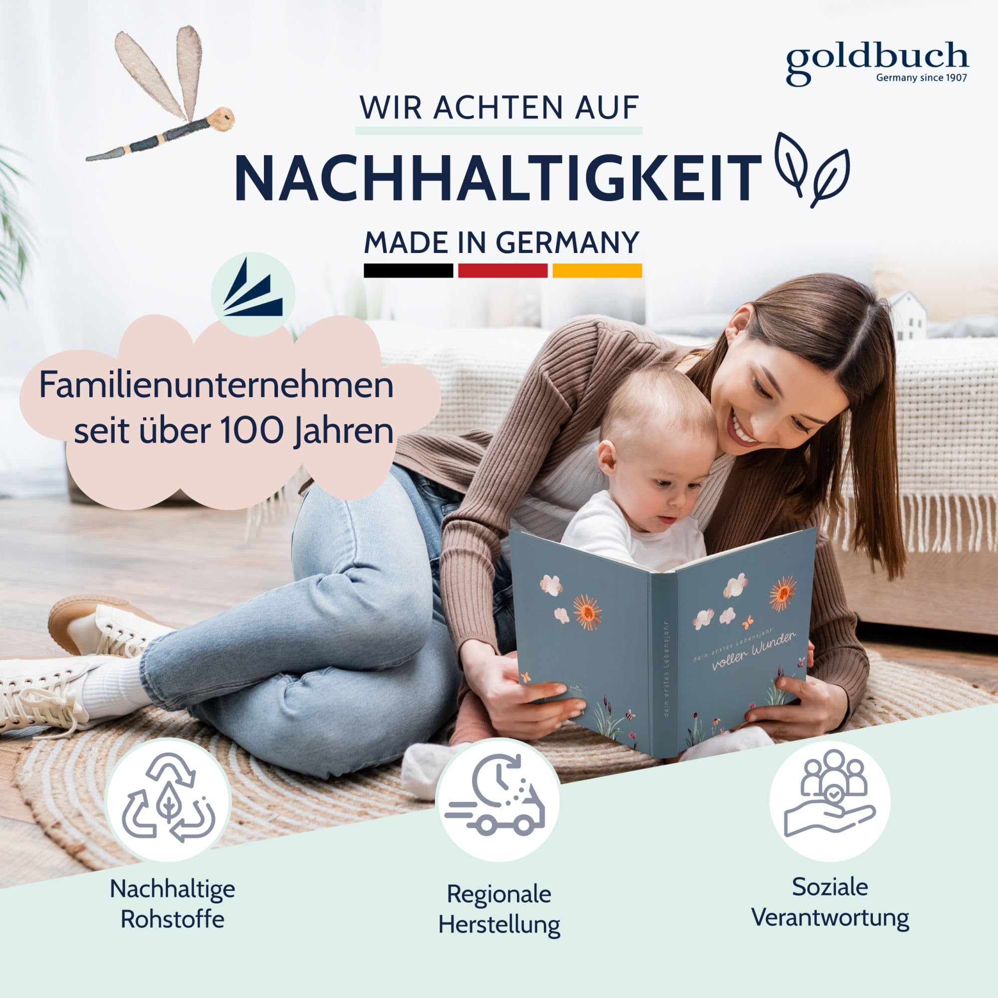goldbuch 15 512 Babyalbum voller Wunder Wiese mit Blumen-Motiv, Leinenstruktur Fotoalbum mit 58 weißen Blankoseiten, Pergamin & 4 illustrierte Seiten, Album, Papier, ca. 30 x 31 x 4 cm, Salbeigrün