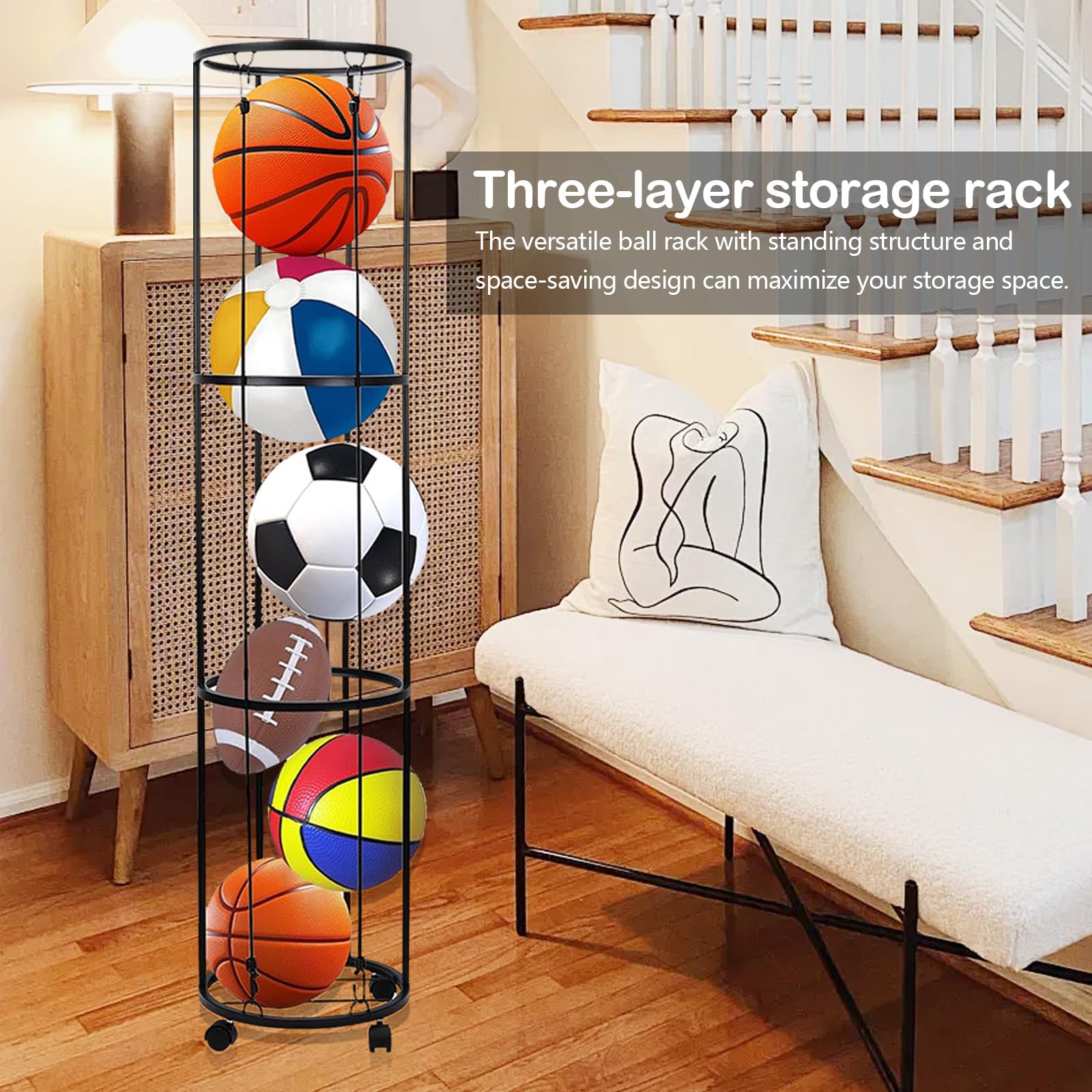 Aisny Portapalle da Calcio, 3 Livelli Supporto da Parete con Rotelle Supporto da Parete per Palloni da Calcio Nero Organizer Rimovibile per Palloni da Basket per Garage E Casa 144x30x30 Cm