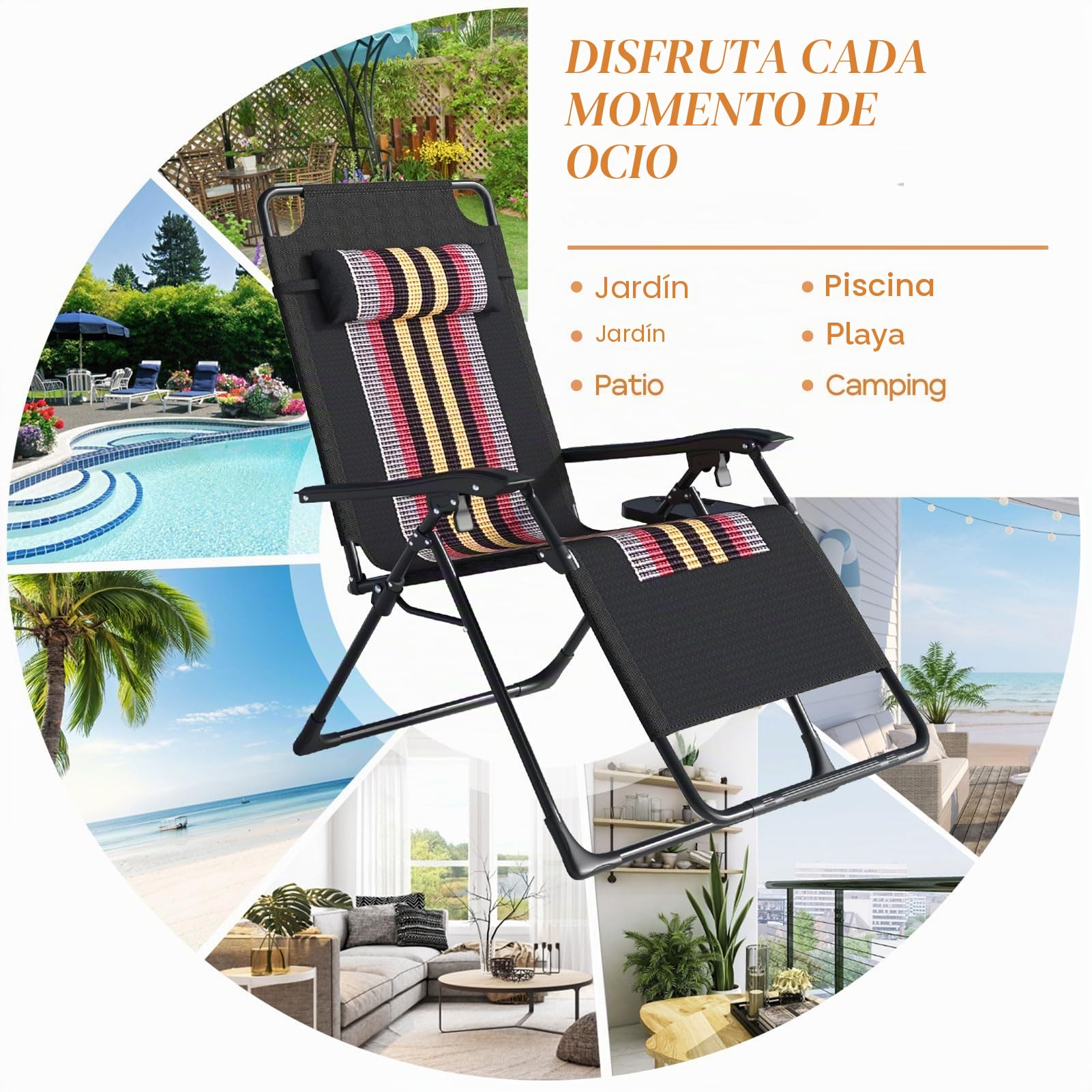 Tumbona Jardin Exterior, Tumbonas Plegable, Extra Ancho Silla Gravedad Cero Reclinable - Respaldo Ajustable, Silla con Portavasos y Reposacabezas, para Playa, Piscina, Terraza, Negro