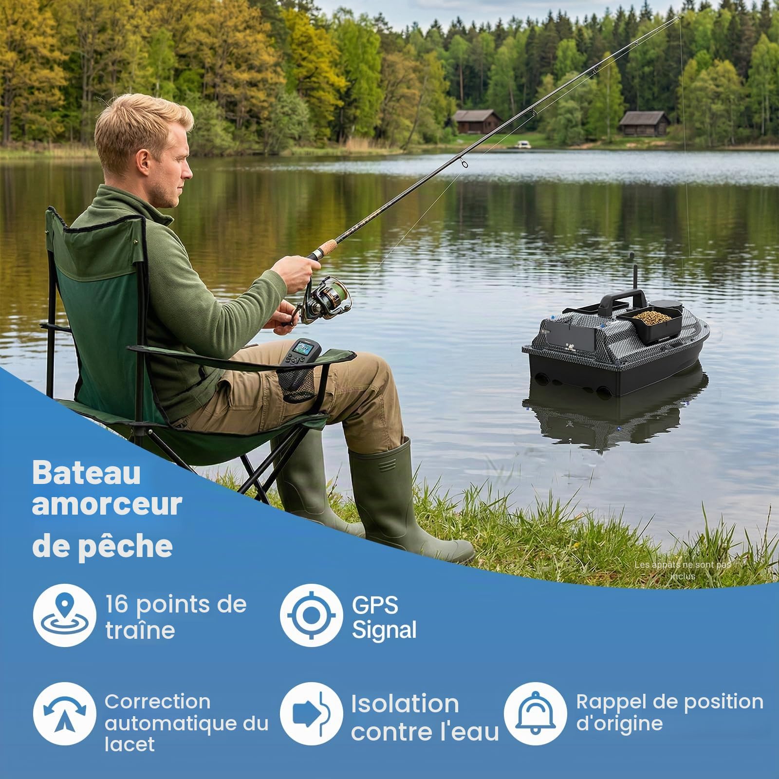 Bateau télécommandé, 600 m, Bateau de pêche avec GPS, capacité de Charge de 2 kg, 40 Points de positionnement, Moteurs Doubles, Bateau d'alimentation RC pour rivières, Lacs et Mers
