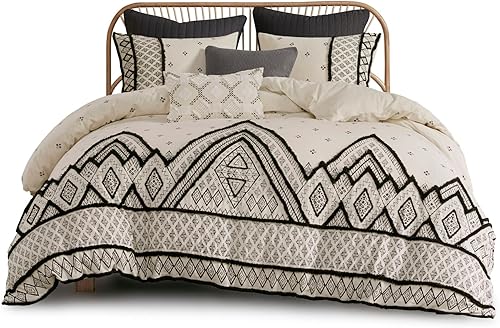 Miniatura 4 de INK+IVY Marta - Juego de edredón de lino y algodón, diseño bohemio moderno con acento de recorte, funda transpirable para todas las estaciones para