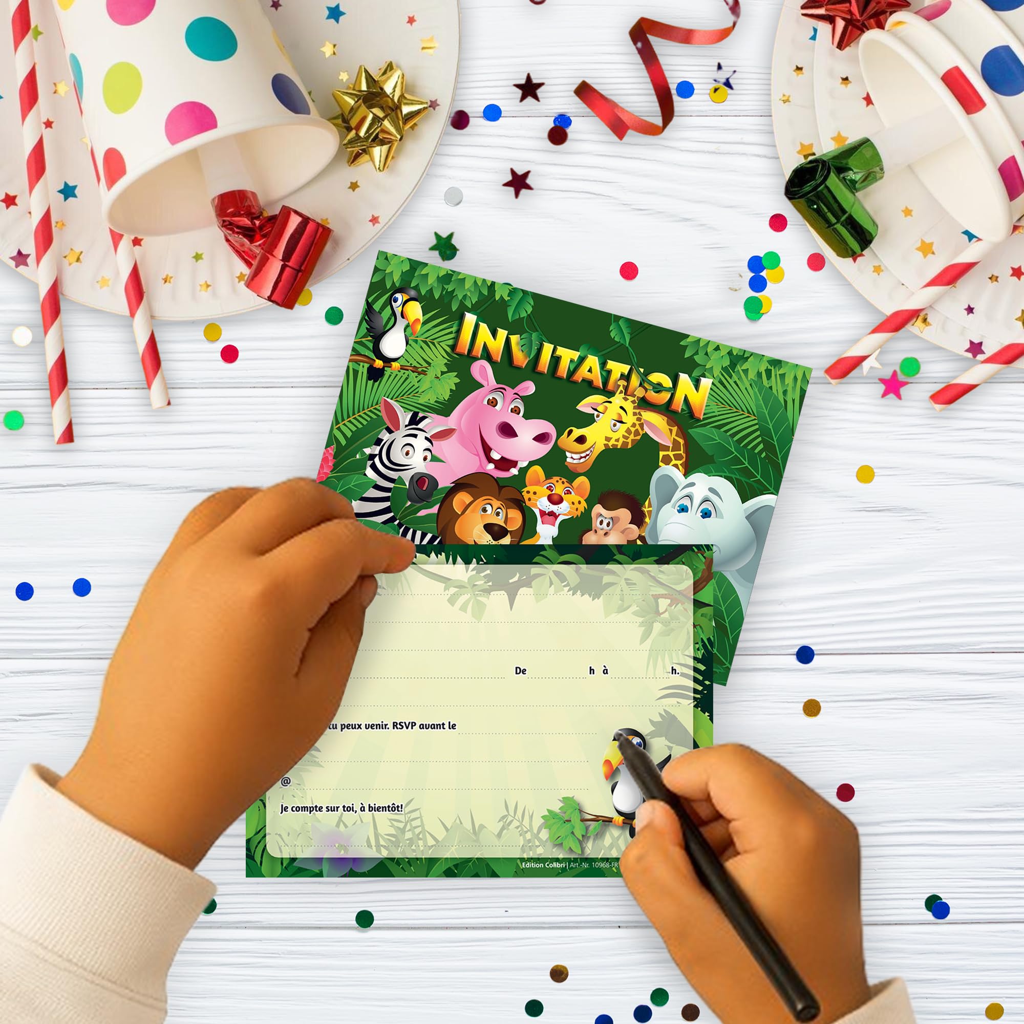 Edition Colibri (10968 FR Lot de 10 Cartes d‘invitation ANIMAUX DE ZOO en Français pour un anniversaire d‘enfant ou pour une partie au zoo