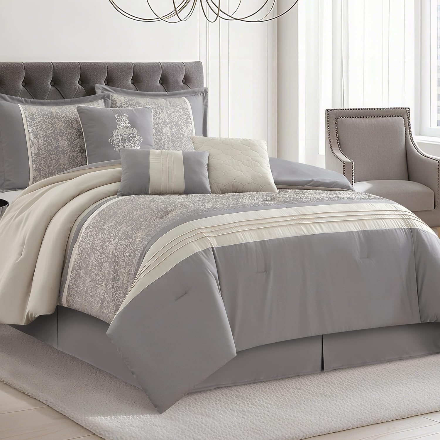 LANCO MODERN LIFESTYLE Grey King Comforter Set, Damask Jacquard with Matching Solid Piece Work, 7 Piece Soft Bedding Set for All Season, Bed Skirt, Pillow Shams and Decorative Pillows
