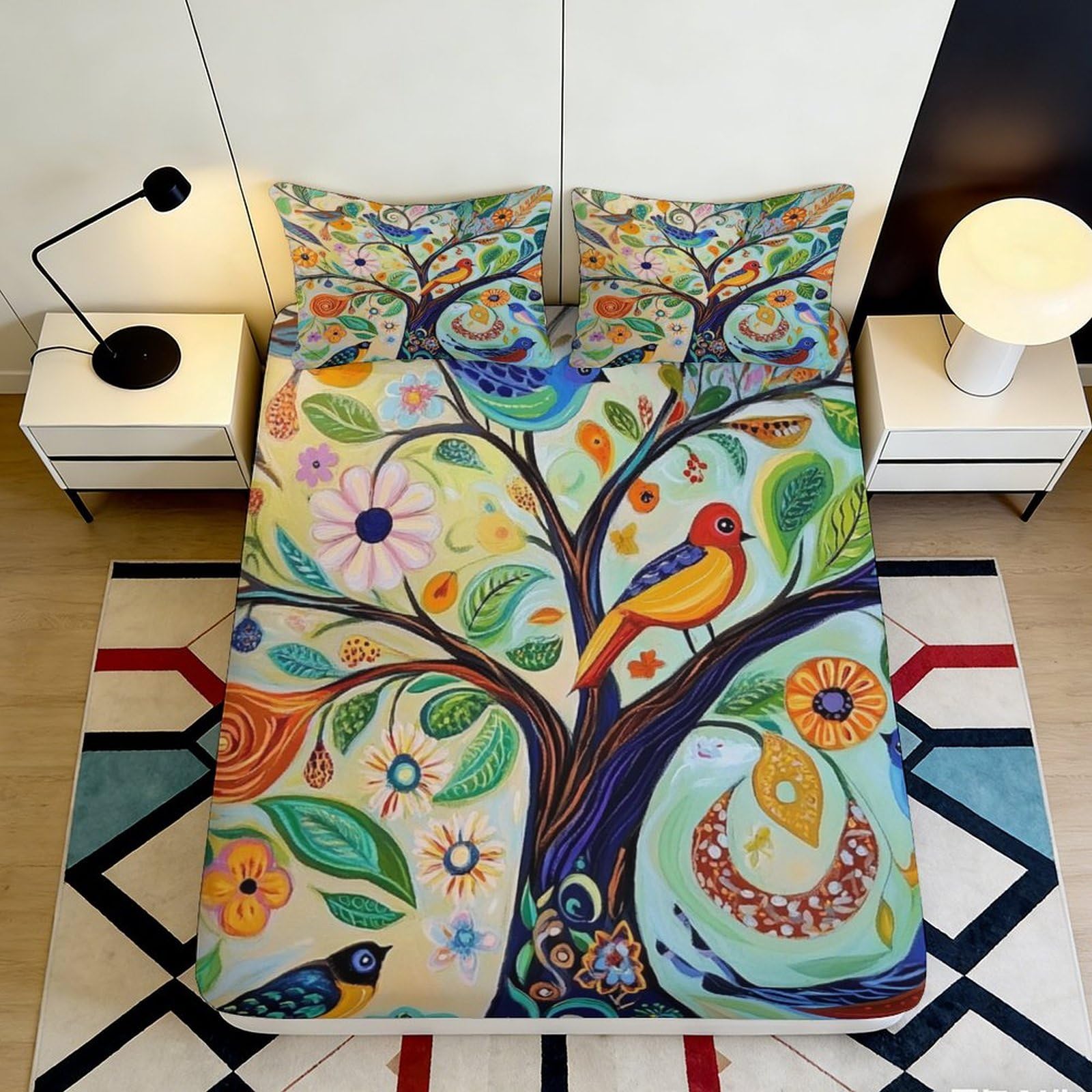 Jqzkxnhpbr Style-4 3D Printed Colorful Tree Fitted Sheet Microfiber Soft Breathable Bird Forest Mattress Cover For Bedroom Guest Room Decor 90X200x25cm