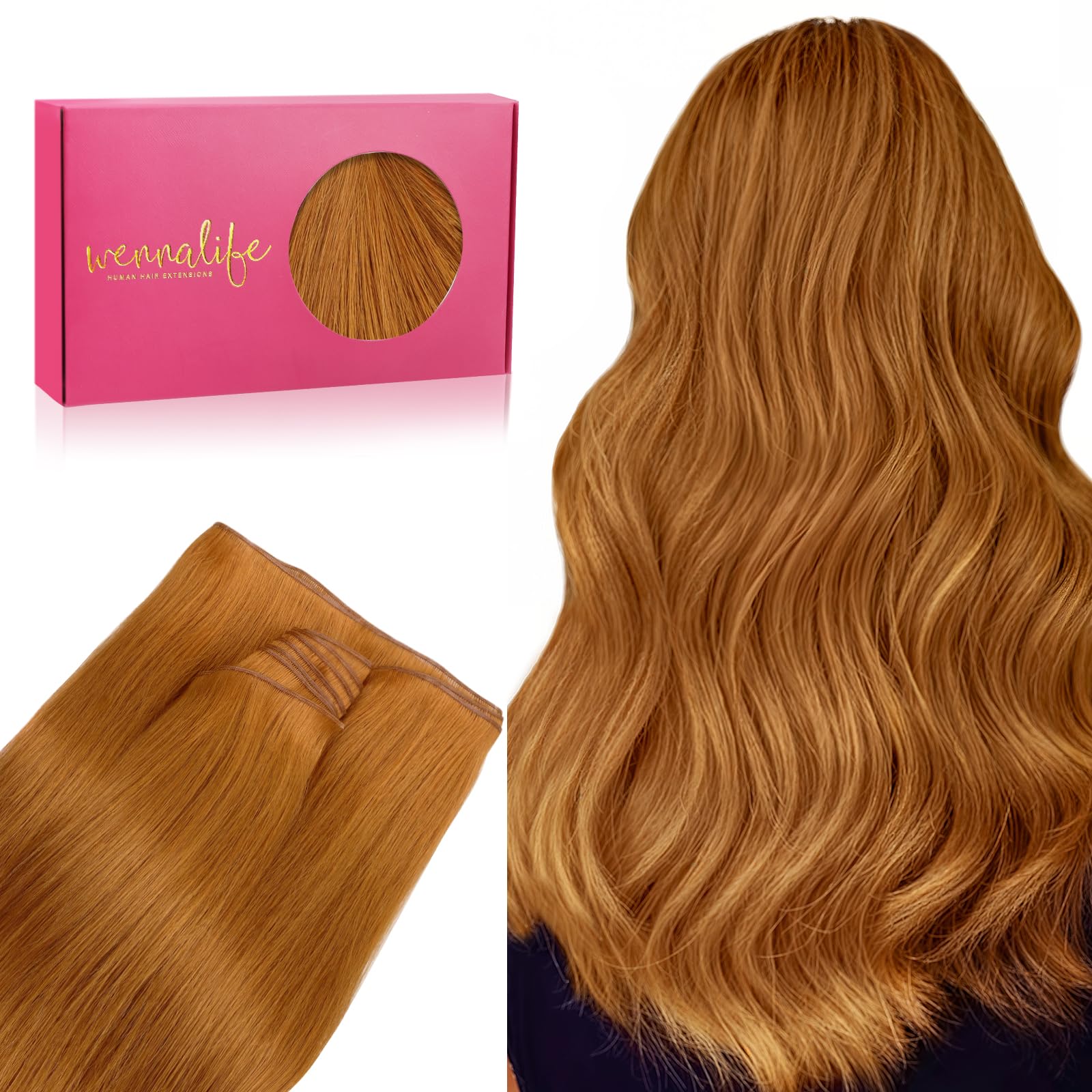 WENNALIFE Genius Sew in Weft Hair Extensions Real Human Hair, 18" 50g Auburn Ginger Sew in Hair Extensions for Women Natural Luxury Remy Hair Straight