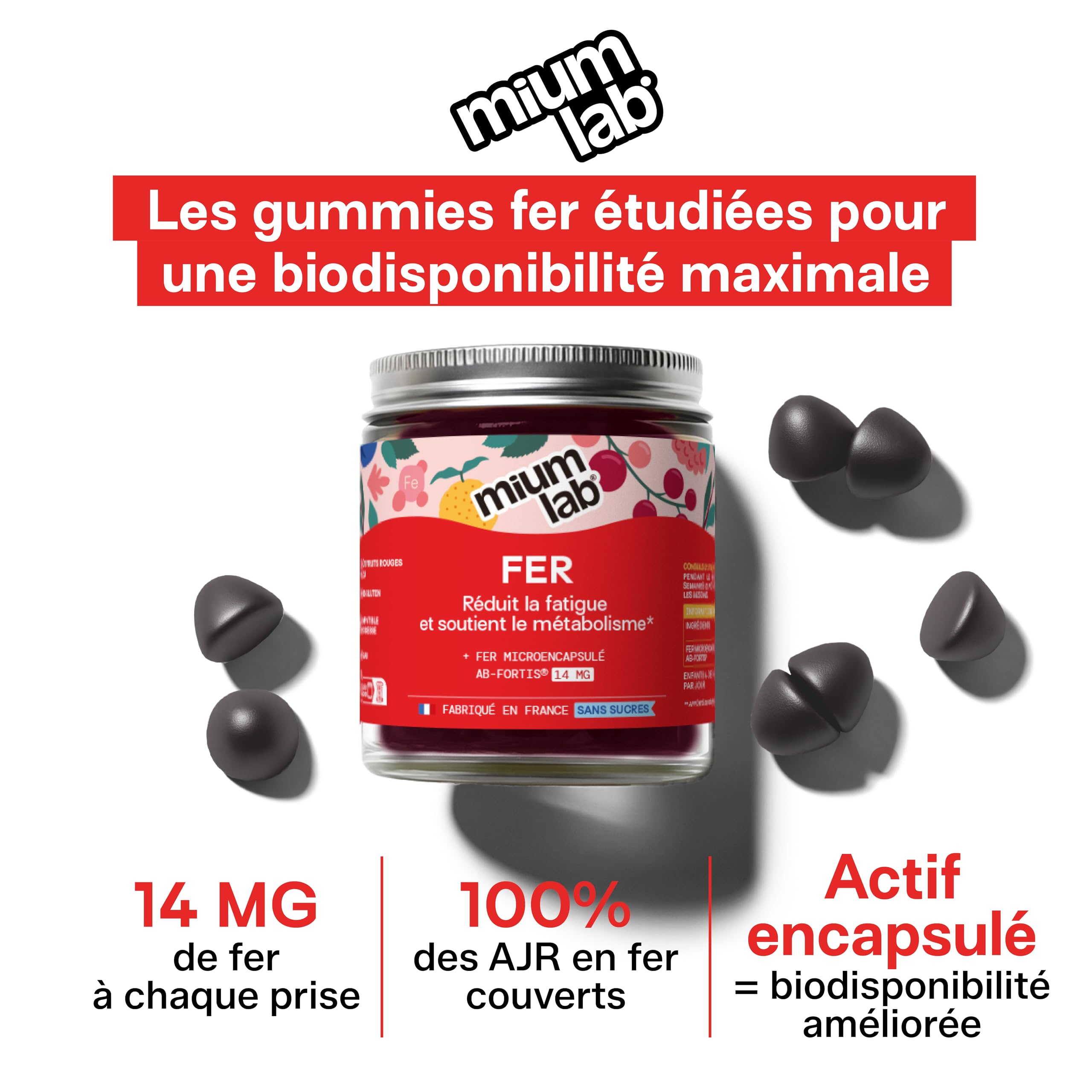 Mium Lab - Fer Breveté 14mg (100% des besoins) AB-Fortis® Micro-encapsulé - Enfants & Adultes - 3 à 6 semaines - Fatigue & Immunité - 42 gummies sans sucre - 100% Français - Goût Fruits Rouges & Yuzu