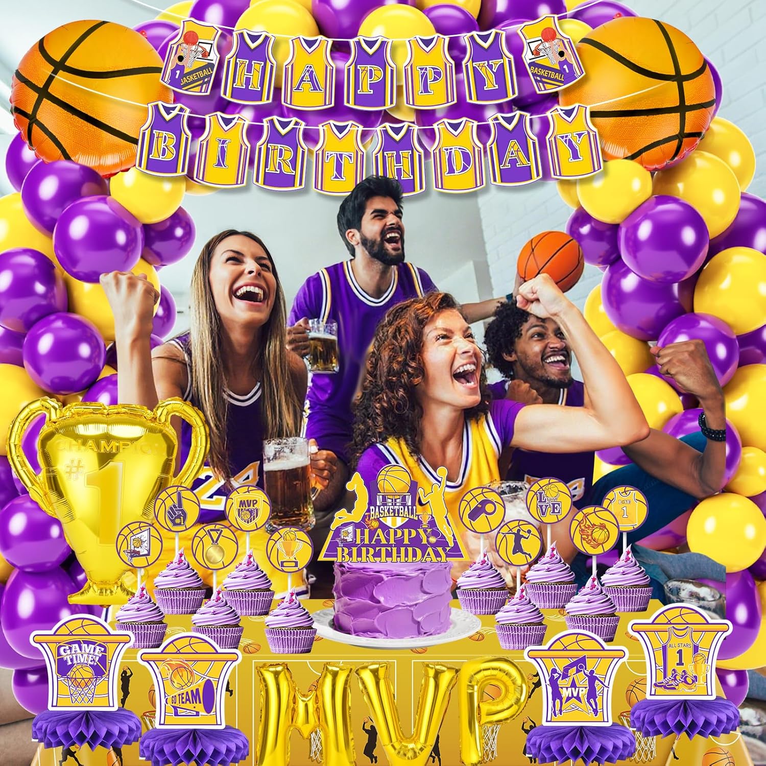 Basketball Party Decorations, 137PCS Basketball Birthday Party Decorations Purple and Yellow Balloons Arch Kit, Basket ball Theme Supplies Backdrop Tablecloth Banners Cake Toppers for Sports - Image 4