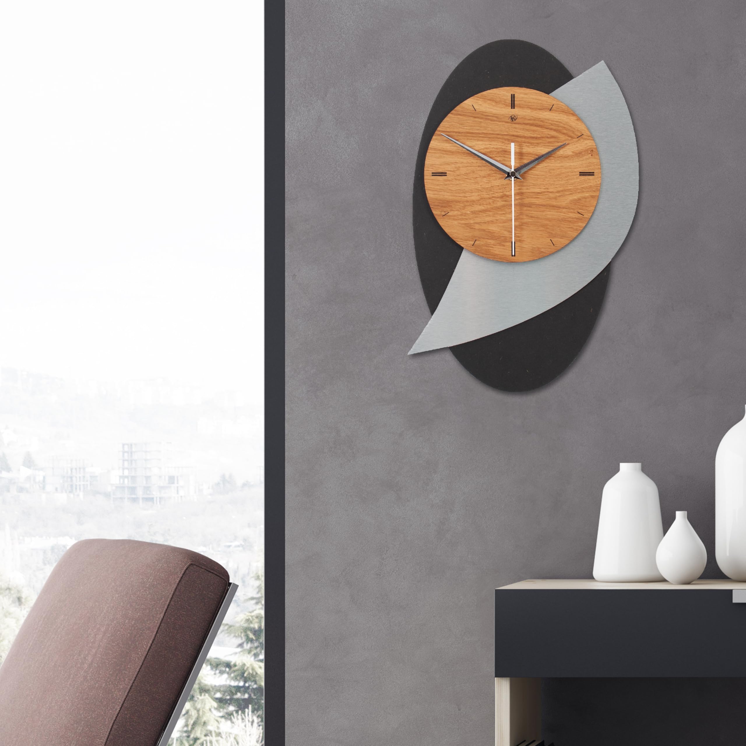 Designer Wanduhr Black Dome aus Holz in modernem Metallic-Look braun, schwarz, Silber; Größe 29x40cm; mit leisem Uhrwerk (leises Funkuhrwerk)