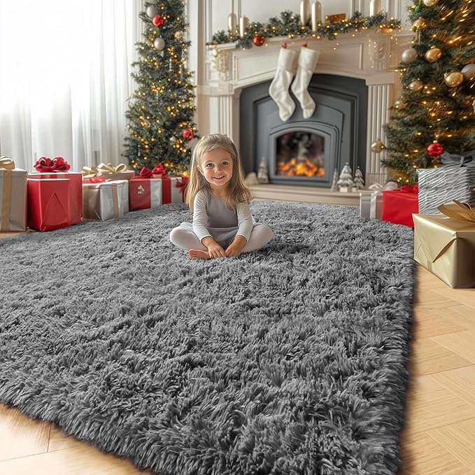 Amdrebio Grey Area Rugs for Living Room, 9x12 Carpet, Fluffy Shaggy Soft Rugs for Bedroom, Large Big Floor Rug for Kids Room Dorm, Gray Carpet, Modern Indoor Rug for Teens Men Baby Boys Home Decor