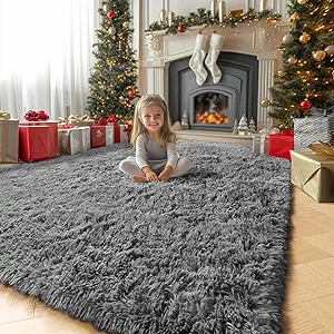 Amdrebio Grey Area Rugs for Living Room, 9x12 Carpet, Fluffy Shaggy Soft Rugs for Bedroom, Large Big Floor Rug for Kids Room Dorm, Gray Carpet, Modern Indoor Rug for Teens Men Baby Boys Home Decor