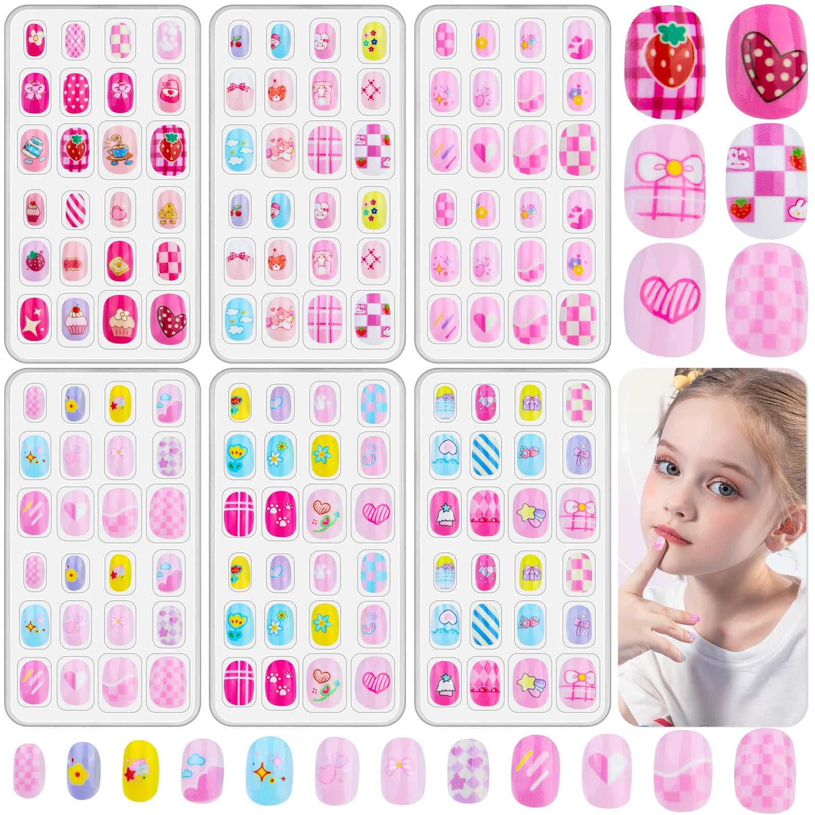 Photo 1 of 144 Pcs Kids Fake Nails Set, Thrilez 6 Pack Press on Nail Pre-glue Artificial False Acrylic Nails Set for Little Girl Children Toddlers