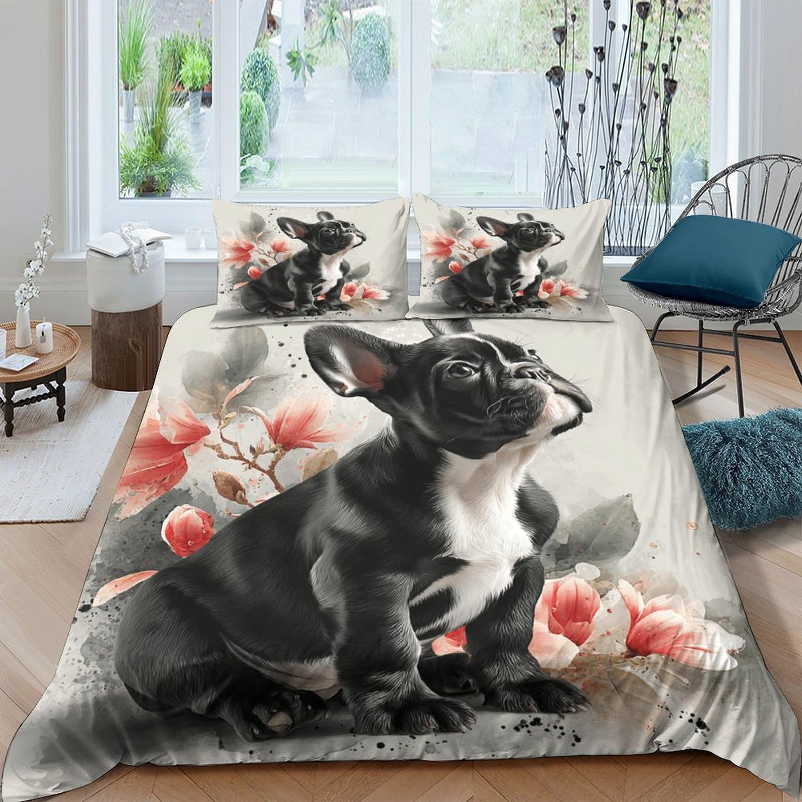 GPLZQXKJNH 3D Printed French Bulldog Duvet Cover Microfiber Soft Floral Bedding Set with 2 Pillowcases for Bedroom Decor, Single（135x200cm）