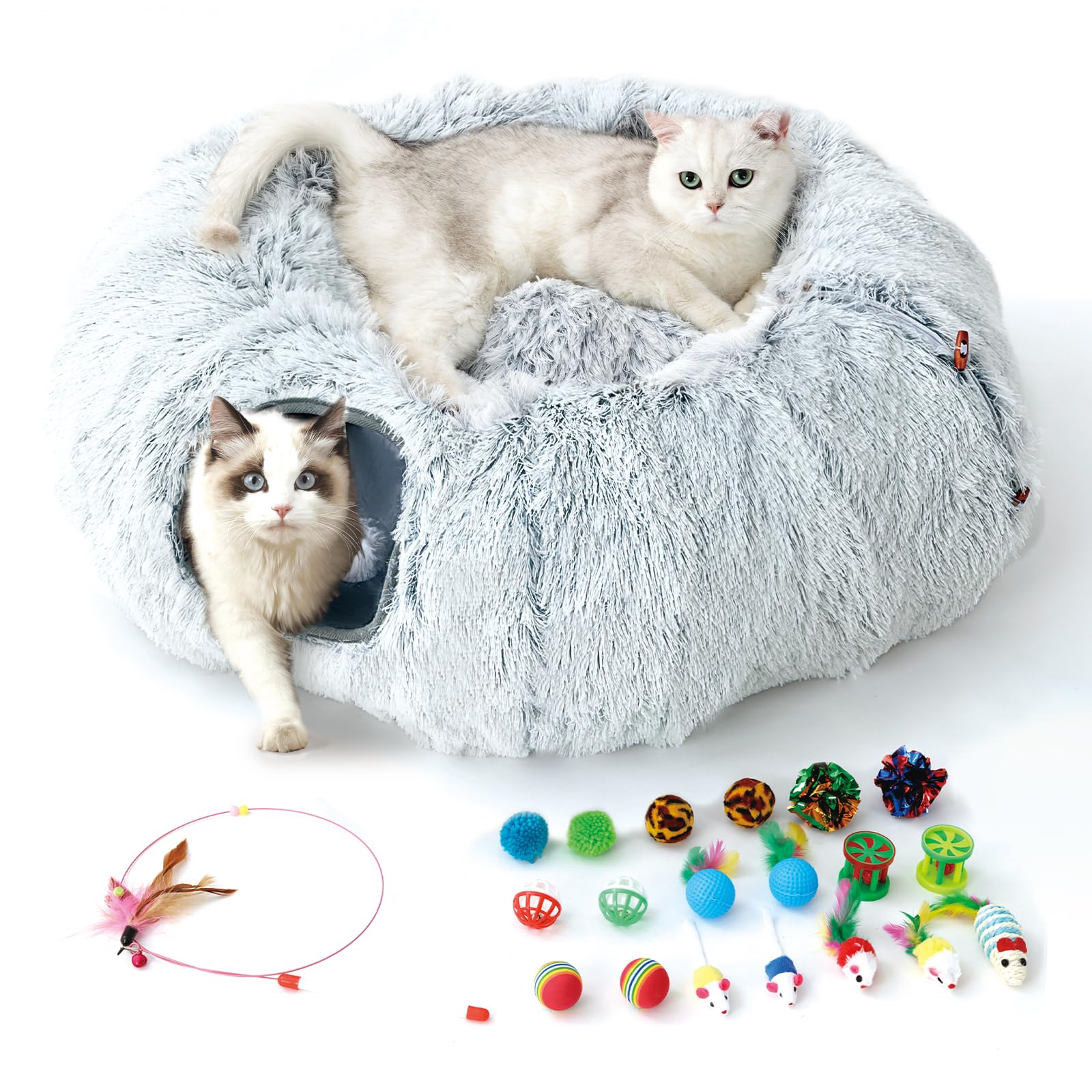 FURRYPAWS Túnel para Gatos 3 en 1-160cm con Cama Extraíble, Transformable (S/C/Redondo), Estructura Metálica Reforzada, 20 Juguetes, Plegable en 10s