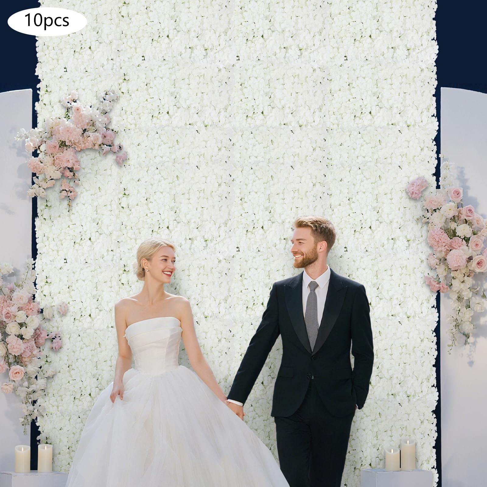 OUKANING Blumenwand Künstliche Weiße Kunstblumen Paneele für Deko Hintergrund, Faux Blumenpaneel Innen Außen Blumentapete, Wanddekoration