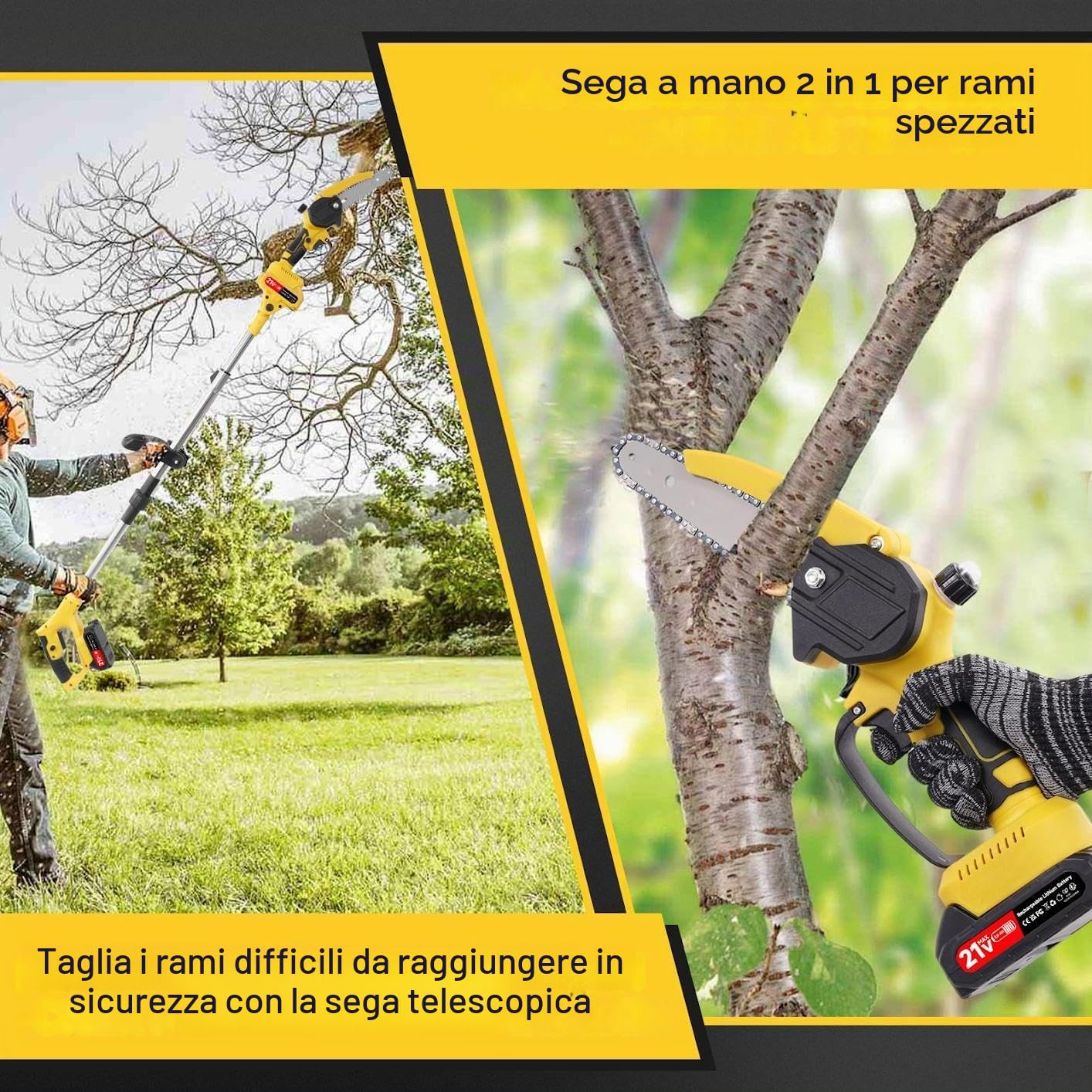 Potatore a batteria con 2 batterie da 2000mAh sega professionale | Motosega elettrica con asta telescopica 1,52-1,72m per il taglio dei rami in giardino