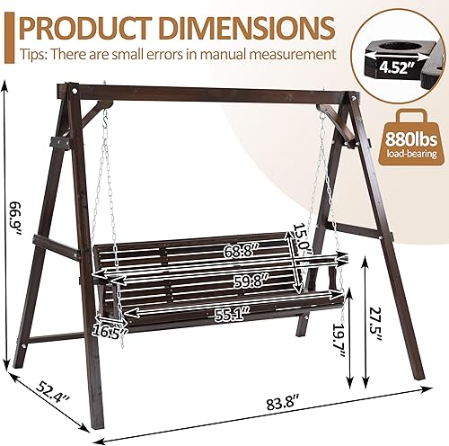 Miniatura 4 de Finnhomy Marco de columpio de madera resistente de 880 libras, banco de madera para columpio de patio con cadenas para colgar, marco en A mejorado