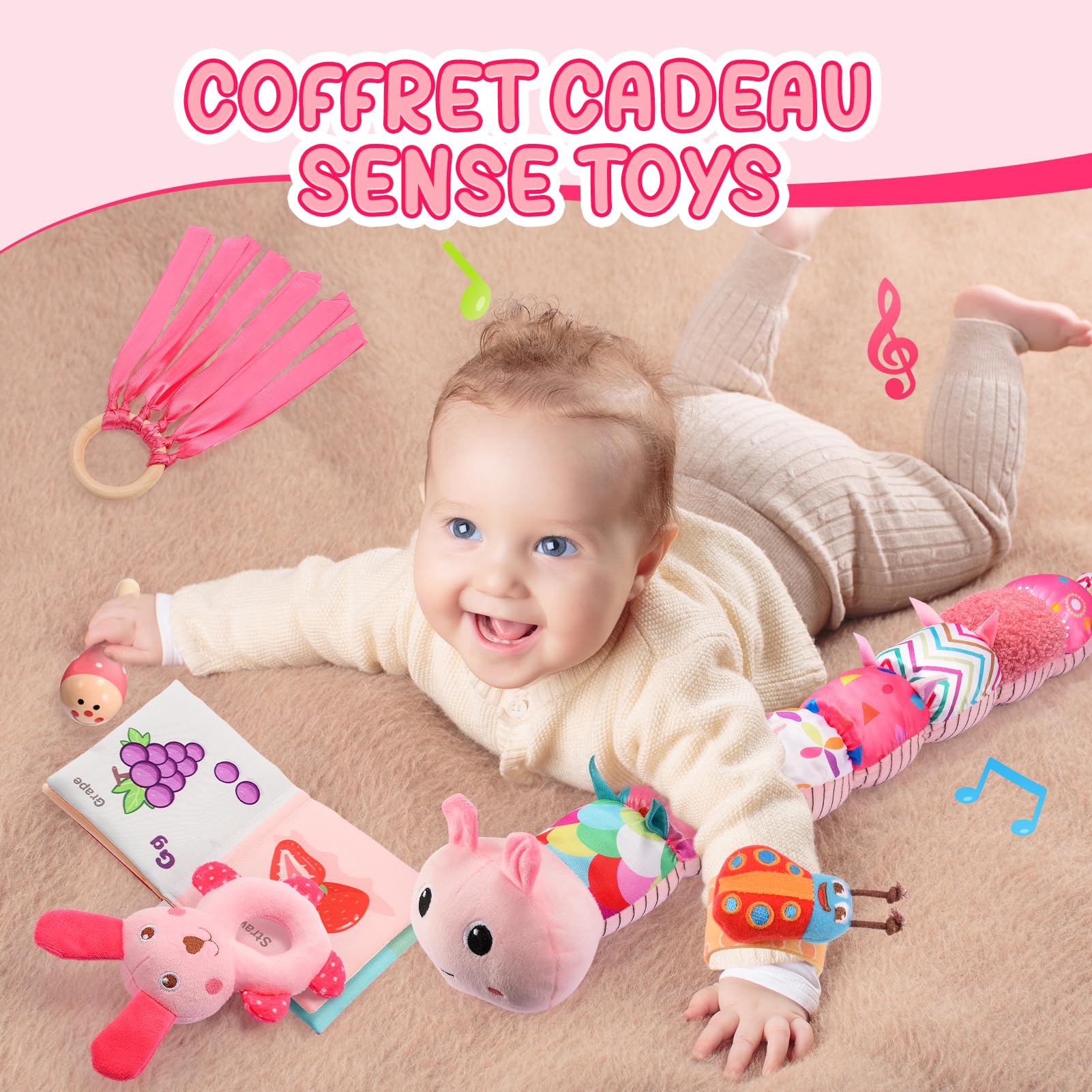 Toyzey Jouet Bébé 0-6 Mois Jouet Peluche Chenille Musicale Cadeau de Naissance 0-6 Mois Bébé Fille Jouet Sensoriels Montessori Éveil 0-12 Mois Jeux Bebe 0-6 Mois Cadeau Bebe 0-12 Mois Fille