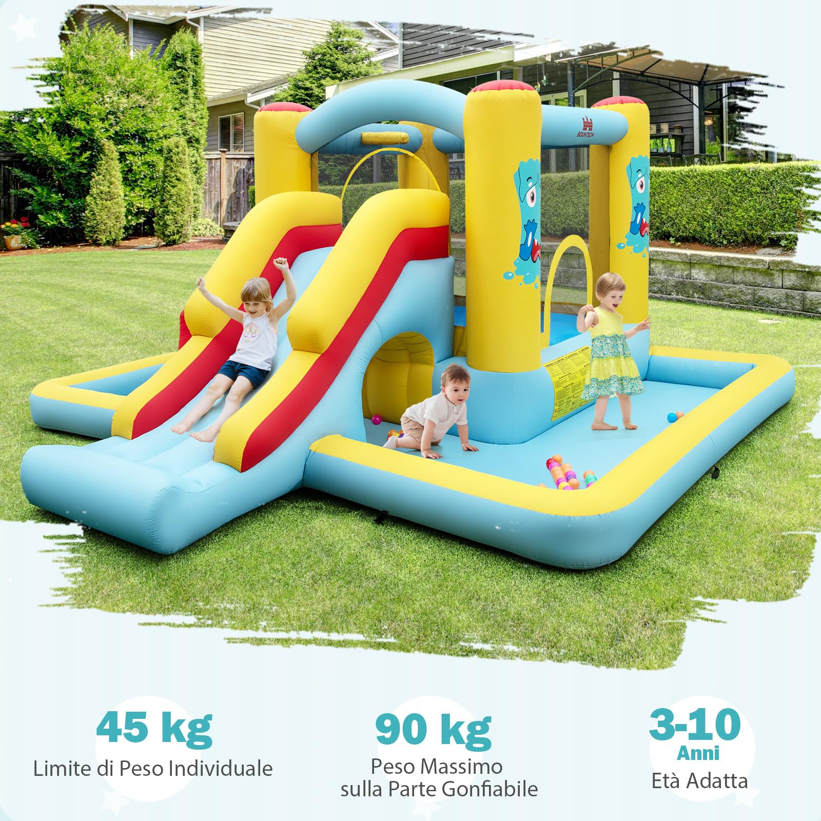 COSTWAY Castello Gonfiabile 7 in 1 per Bambini con Scivolo, Castello Gonfiabile con Mongolfiera, 50 Palline, Anelli e Basket, Gioco Gonfiabile da Interno ed Esterno, per Bambini da 3 a 10 Anni
