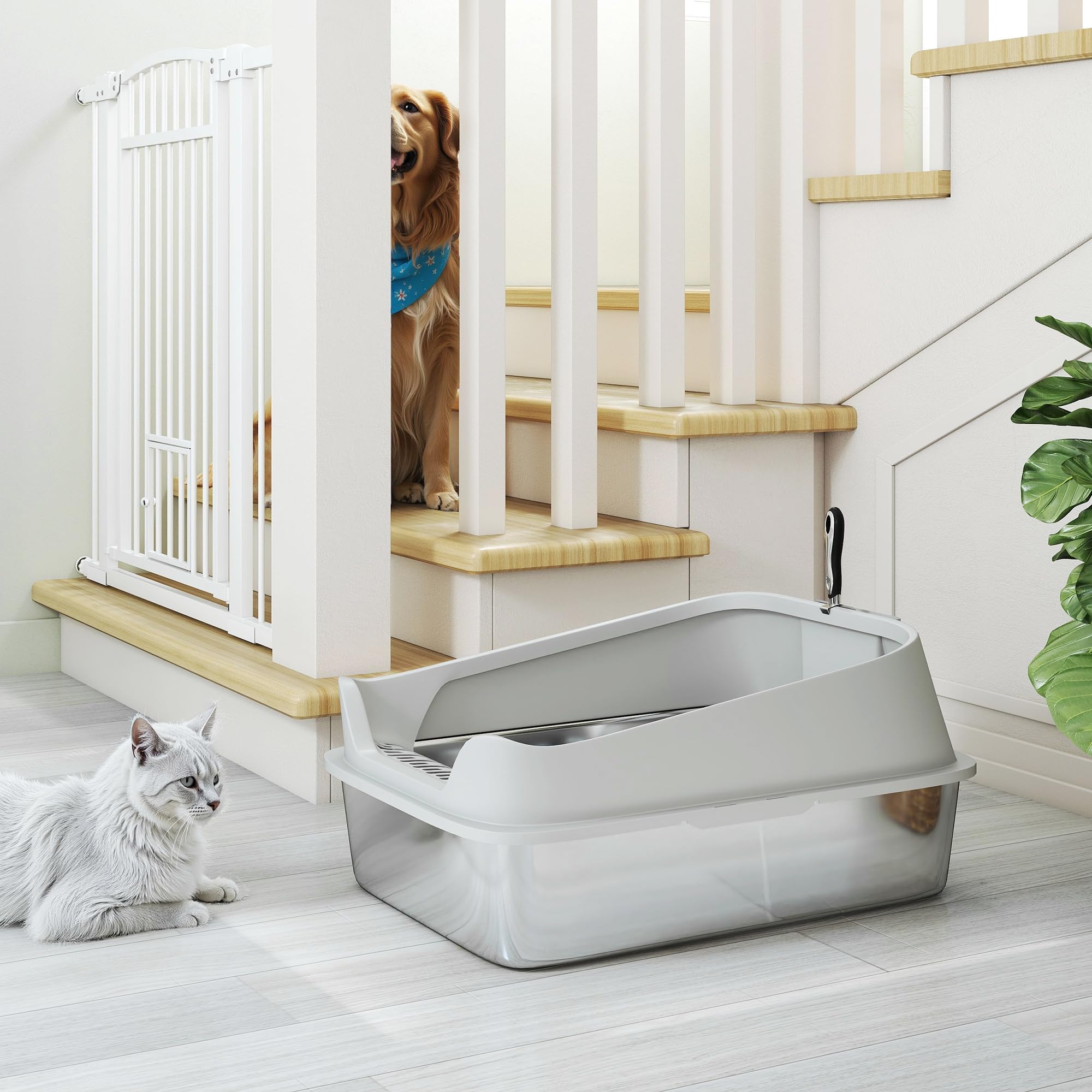 PawHut Arenero para Gatos de Acero Inoxidable XXL 69,8x50,3x29,8 cm Gris | Caja de Arena para Gatos, Arenero con Borde Alto, Pala Metálica, Fácil de Limpiar, Prueba de Fugas