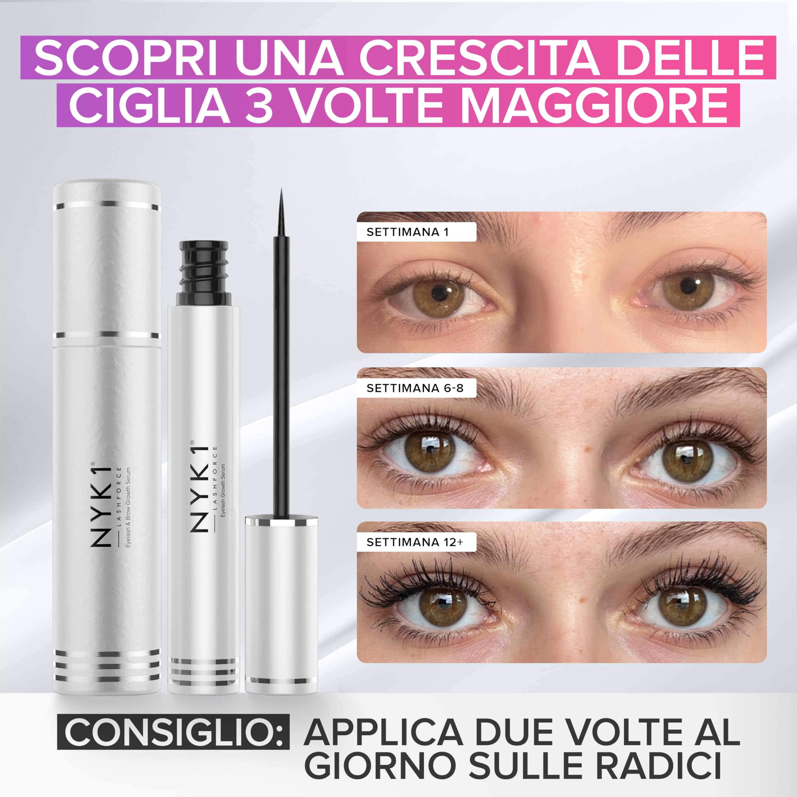 NYK1 CONCENTRATO Siero Crescita Ciglia Per Ciglia Più Lunghe | XL - 8ml | LashForce Siero Crescita Ciglia per Ciglia Rade, Corte e Sottili - Formula Facile da Applicare per Ciglia più Folte e Spesse