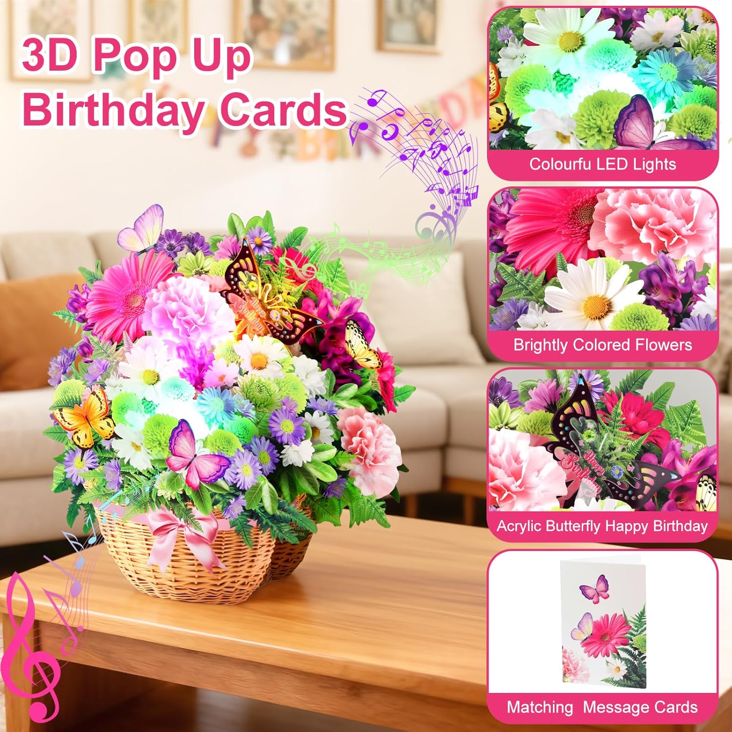 Birthday Cards, Light and Music Happy Birthday Card, Daisy and Butterfly, 10 Inch Life Sized Forever Flower Bouquet Birthday Gift Card for Women Wife Mom Daughter Sister (Blank Notecard & Envelope) - Image 4