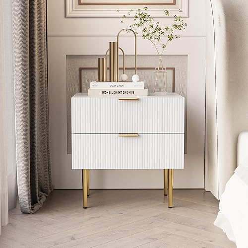 Miniatura 6 de Algherohein Mesita de noche blanca para dormitorio, mesita de noche acanalada, mesa auxiliar para sala de estar, mesita de noche moderna de mediados