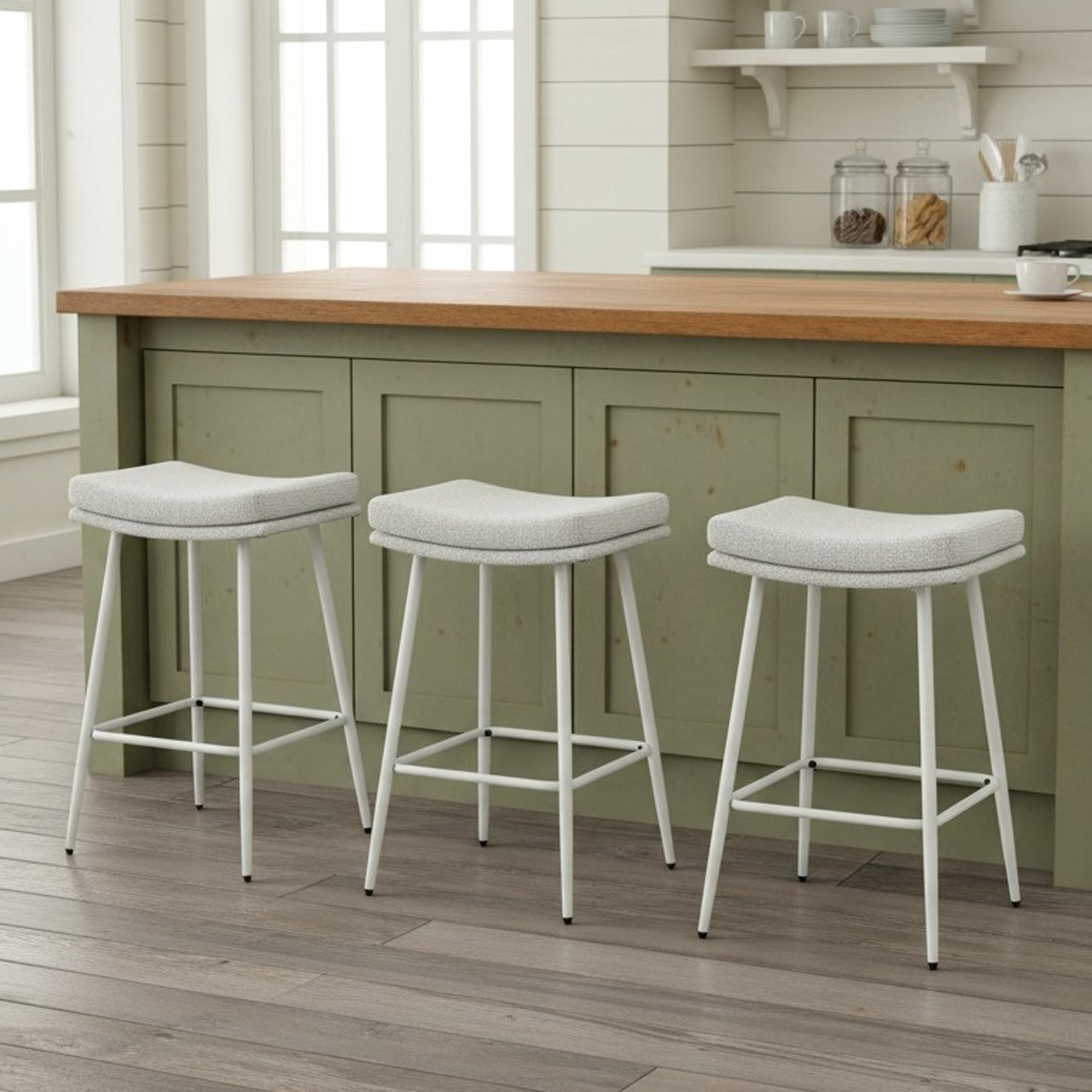 Forsalund 26 inch Counter Height Bar Stools Set of 3, Backless Saddle Bar Stools for Kitchen Counter and Dining Room, White Boucle Seat, Modern