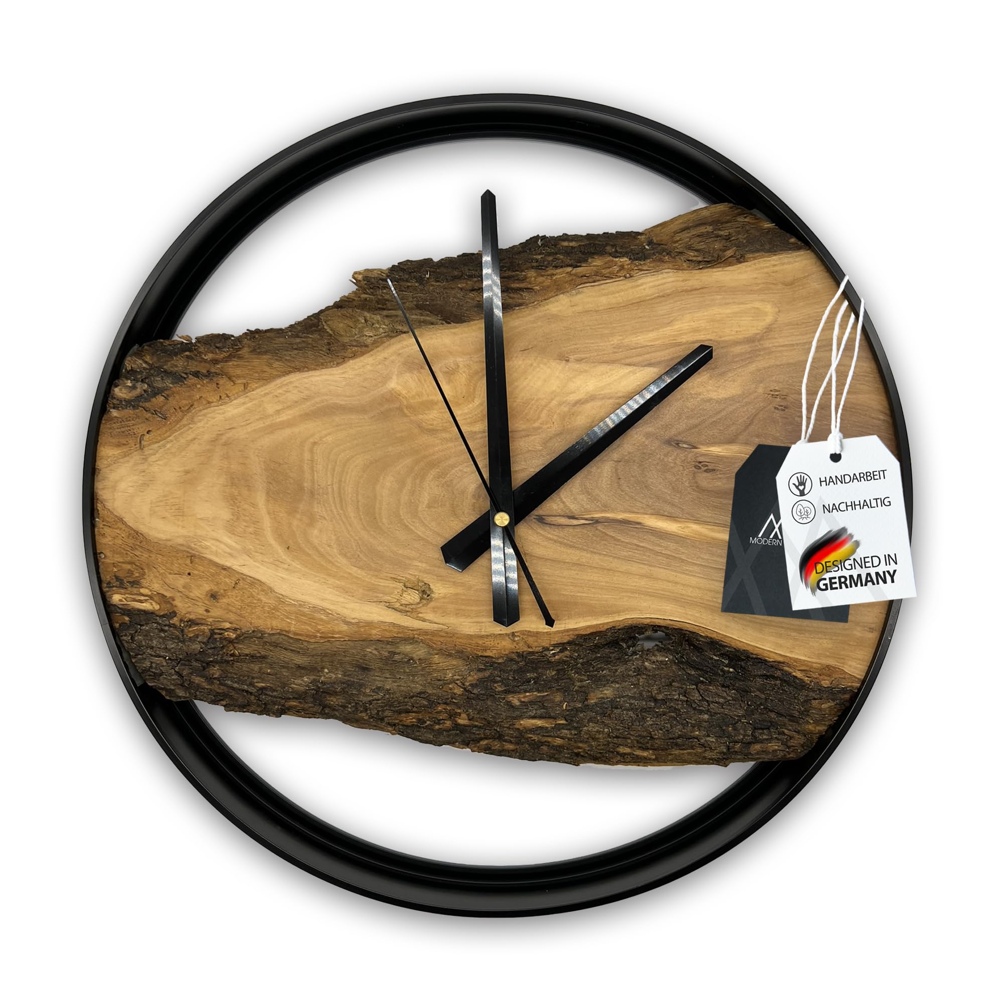 MODERNMOMENTS ® Wanduhr Holz ohne Tickgeräusche Handarbeit rustikal Olivenholz Holz Wanduhren modern Baumkante Holzuhr Wohnzimmeruhr Uhr Wand Massivholz Naturholz Clock Deko