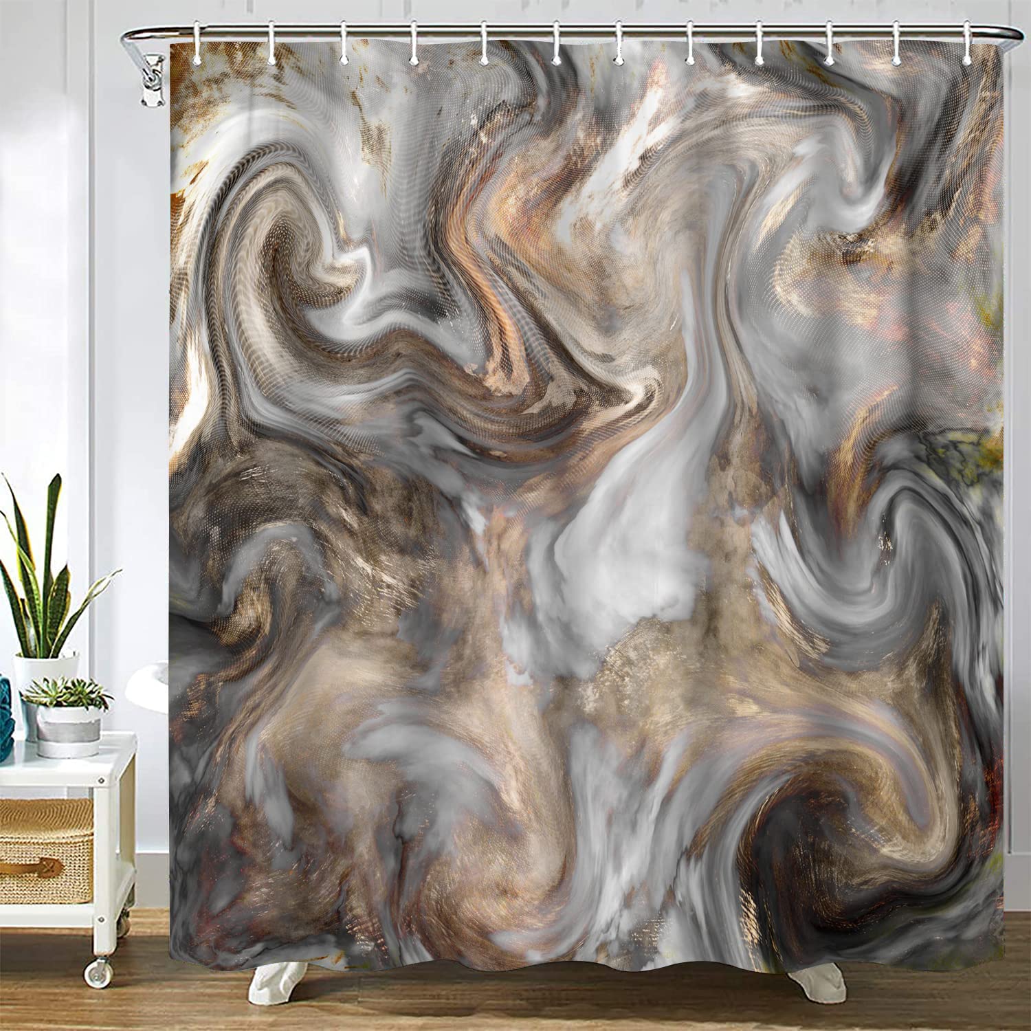 QOQIBU Marmor Duschvorhang - Schwarz/gold, Wasserdicht, 183x183 Cm Inkl. 12 Haken - Modernes Badezimmer-Upgrade