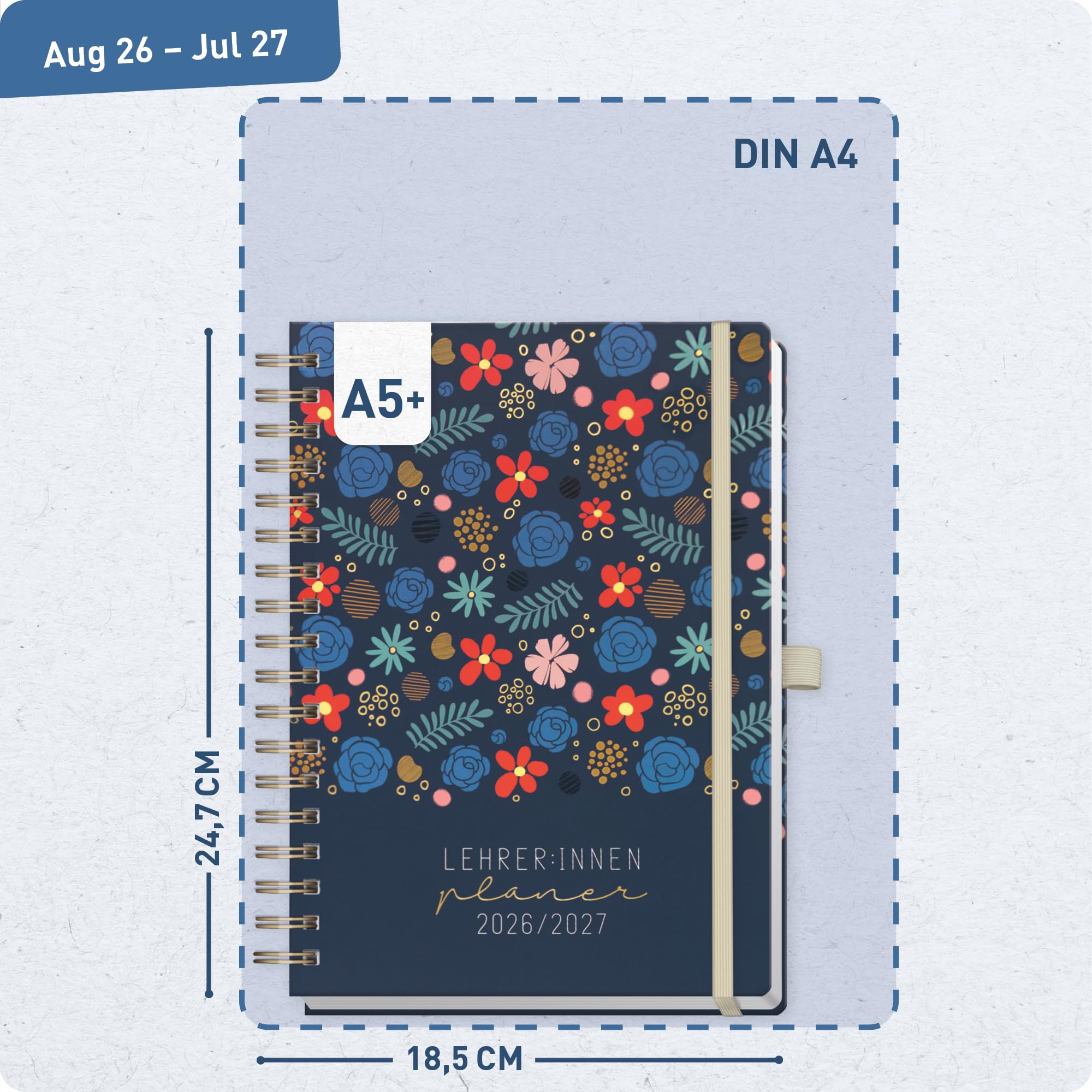 Häfft® Lehrer-Planer 2026/2027 Deluxe A5+ Lehrerkalender mit Hardcover und Spiralbindung, Schulplaner 26/27 für Grundschule, weiterführende Schulen & Referendariat "Flowers & Leaves"