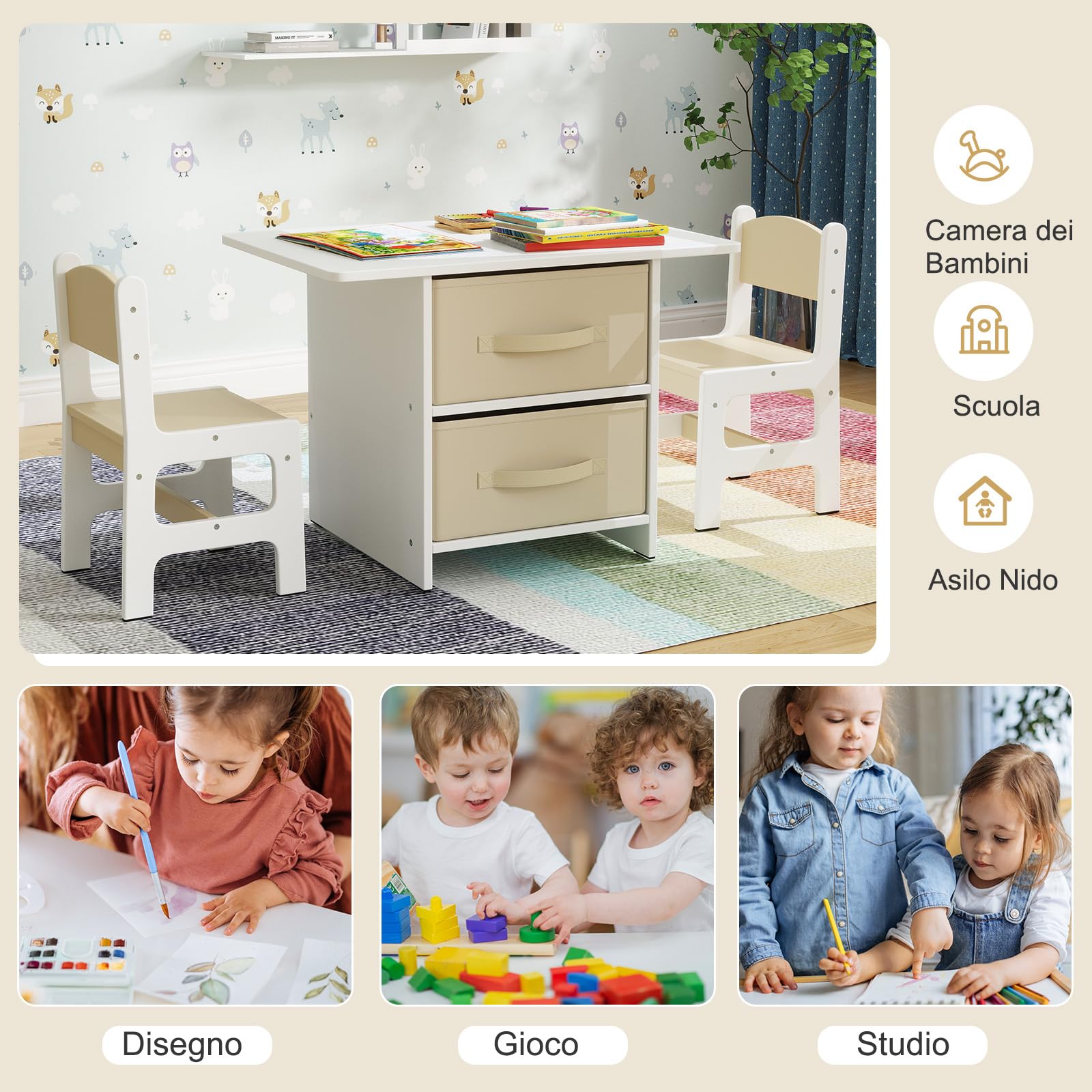 RELAX4LIFE Tavolo per Bambini con 2 Sedie Ergonomiche e 2 Cassetti in Tessuto Rimovibili, Set Scrivania e Sedia per Bambini dai 3 Anni in Su per Giocare e Studiare, Carico 50 kg (Beige)