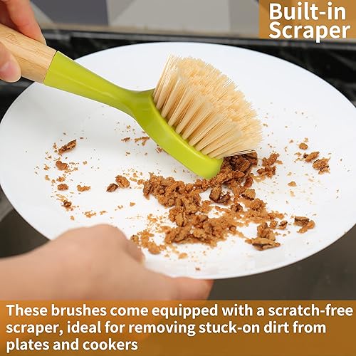 Miniatura 5 de Paquete de 2 cepillos de cocina con mango de bambú, raspador integrado, cepillo para sartenes, ollas, limpieza del fregadero de cocina, lavavajillas