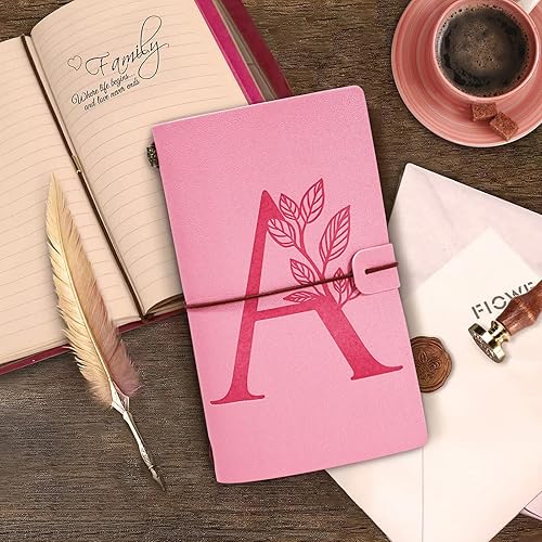 Miniatura 9 de JEWPHX Diario personalizado para regalo, diario de cuero con inicial rosa + juego de bolígrafo de corazón de diamante, cuaderno de viaje, bloc de
