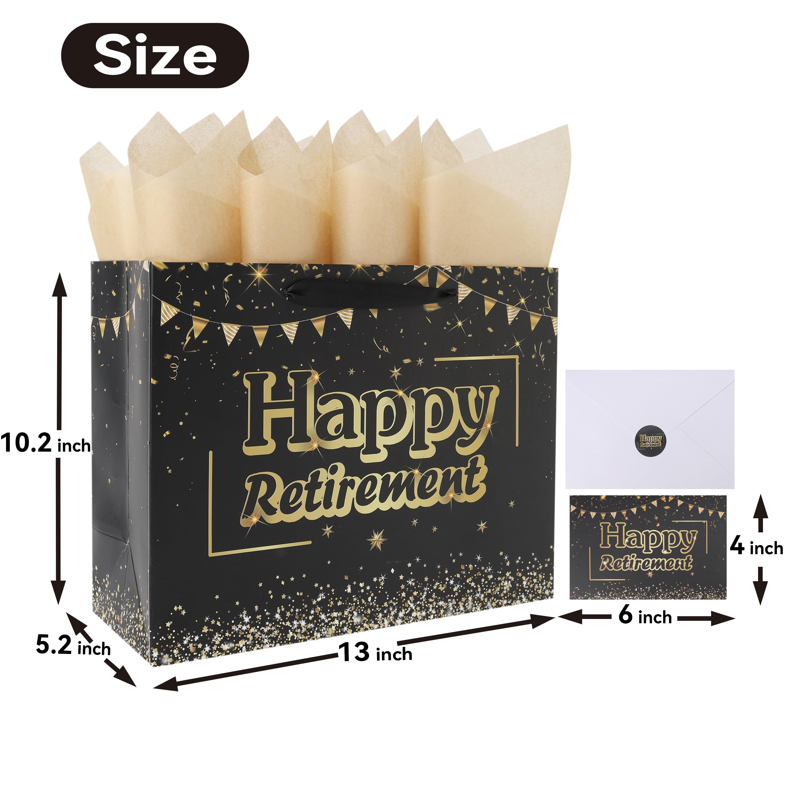 13'' Large Black Retirement Gift Bag Set with Handles, Greeting Card, Tissue Papers and Stickers for Men Women Office Coworker, Farewell Going Away Party, Happy Retirement Design, 1 Pcs