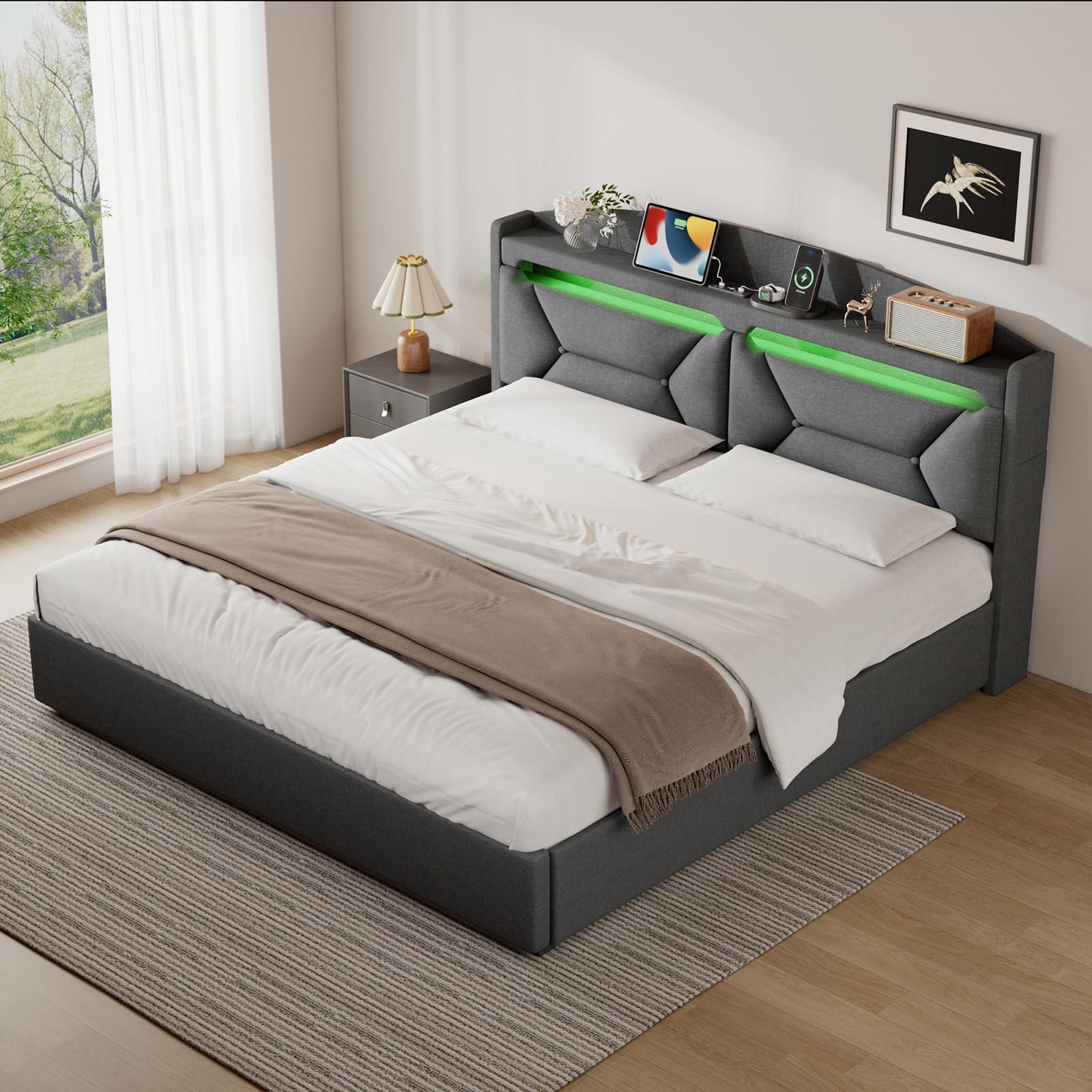 Polsterbett Doppelbett 180x200 cm mit LED, USB C, Hydraulische Bett mit Stauraum und Kopfteil, Stauraumbett Bettgestell mit Metallrahmen Bettkasten und Lattenrost, Leinen, Grau, Ohne Matratze