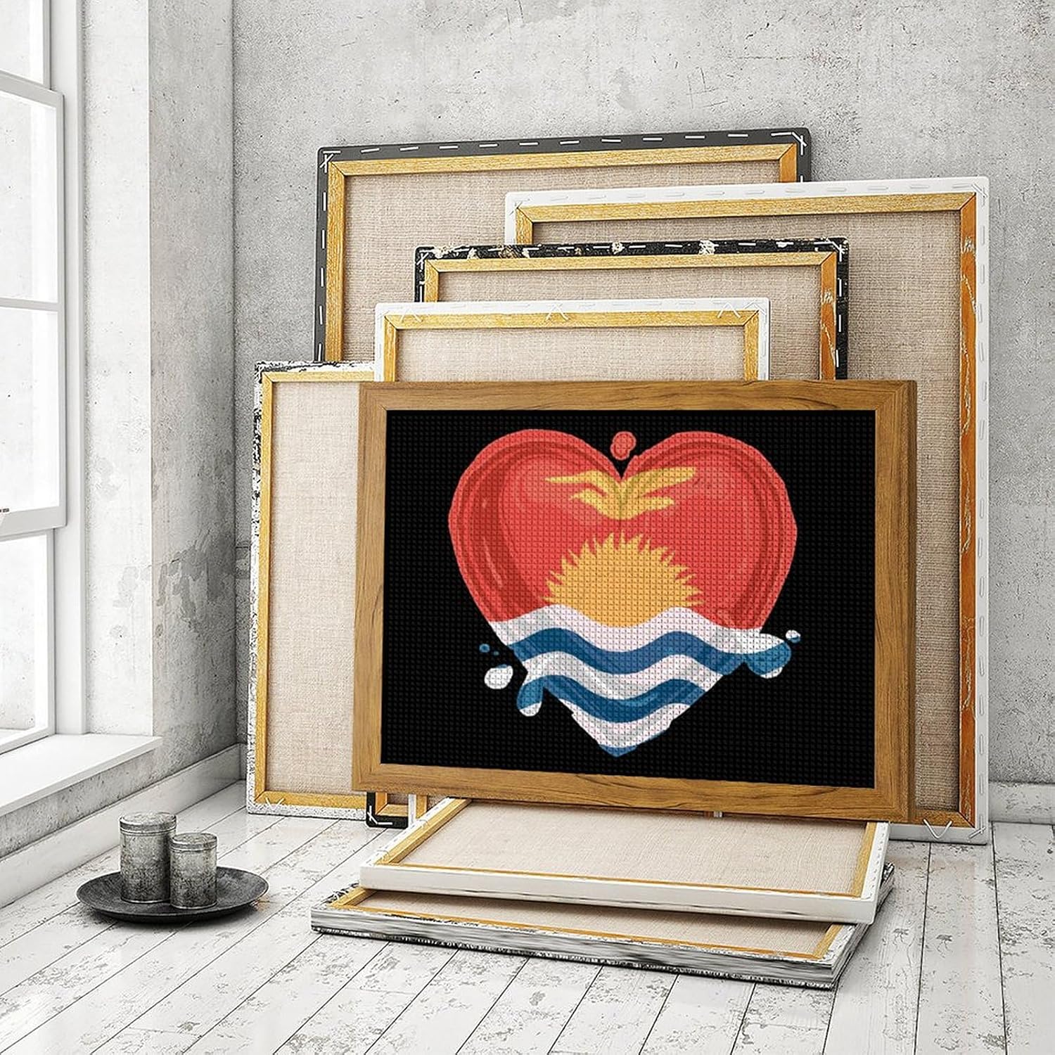 Kiribati Flag Love Heart Printed Diamond 5D Painting Kits DIY Full Drill Crafts for Home Wall Decor 16x20 Inch Yellow Wood 50 * 40cm