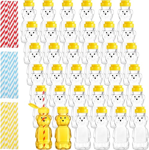 Jspupifip 36 frascos de miel de 8 onzas de plástico, botella vacía de oso de miel, botella exprimible en forma de oso, frascos de miel con tapa