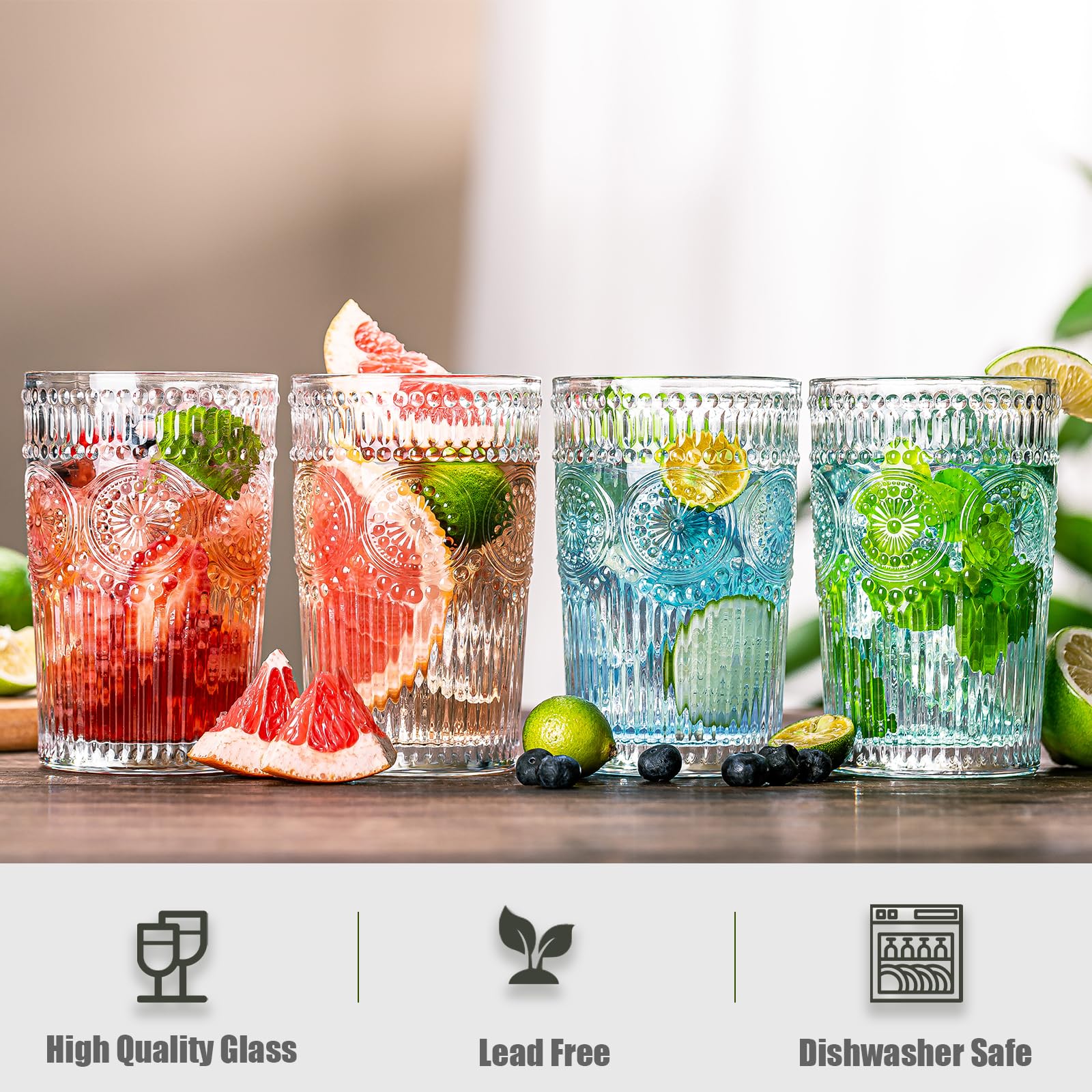 Juego de 12 vasos vintage de vidrio transparente con textura a rayas, juego de cristalería acanalada, vasos altos de vidrio de agua, tazas de mojito, vaso de cóctel, taza de café helado