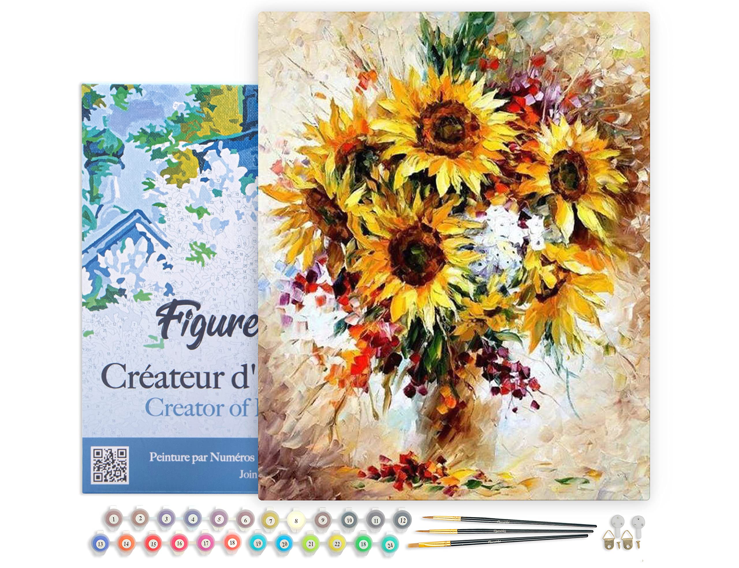 Figured'Art Dipingere con i Numeri con Telaio - Paint by Numbers Girasoli Graziosi, Passatempo per Adulti, Kit Completo, Hobby Creativi - Quadri fai da te 40x50cm Tela Già Incorniciata