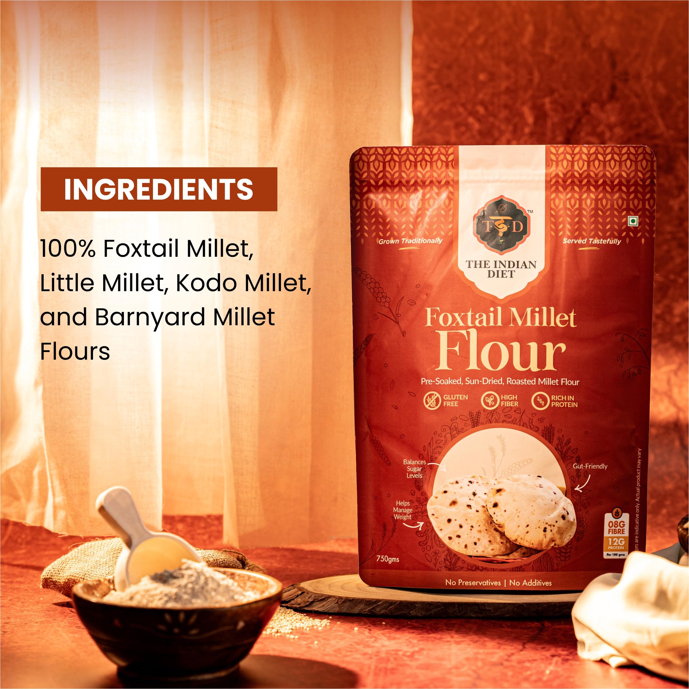 The Indian Diet Pre-Soaked Positive Millet Flour Combo | Pack of (4 � 450 g) | Foxtail, Kodo, Barnyard, And Little Millet | Gluten Free | High Fibre Flour 2