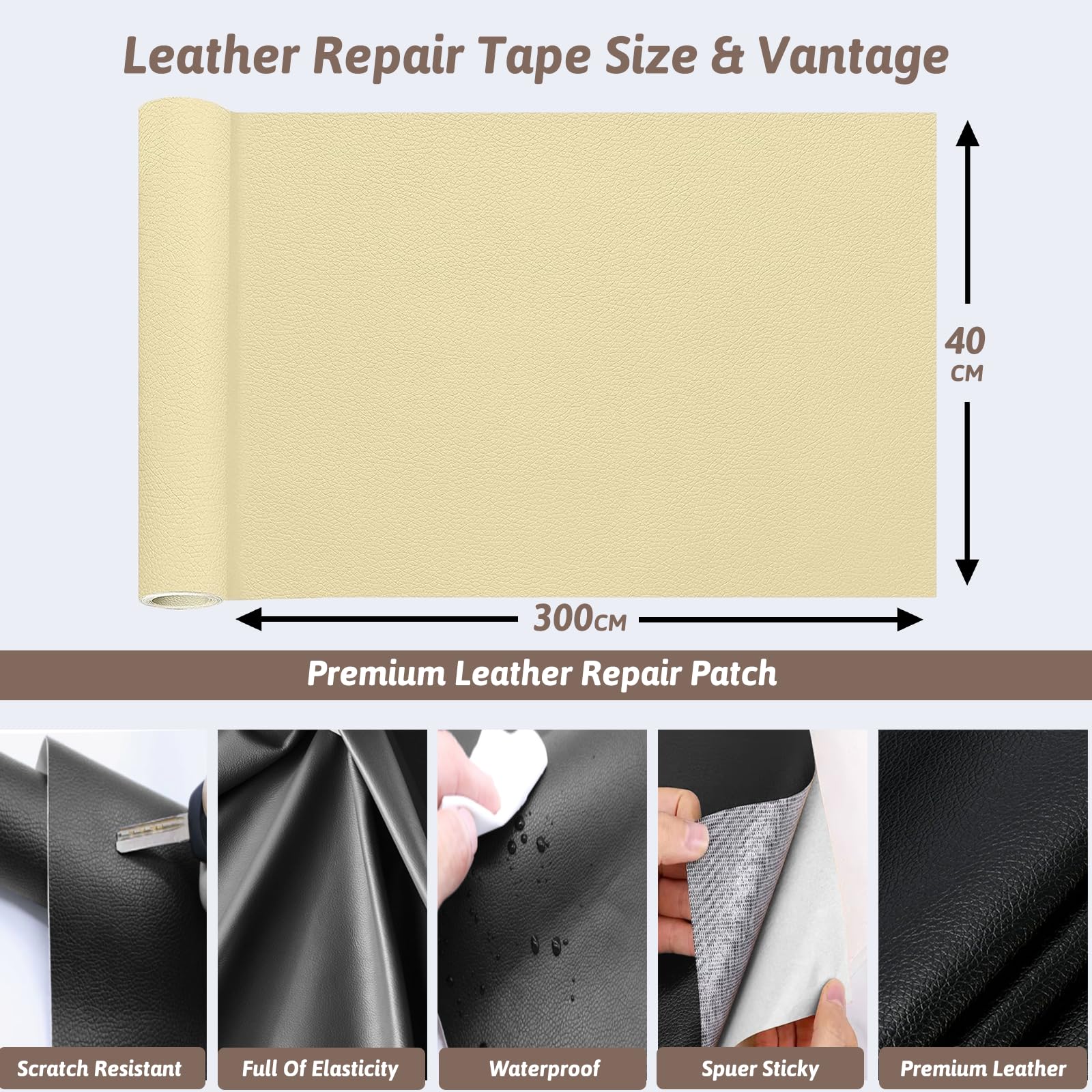Pelle Adesiva per Riparazioni 300x40cm, Patch di Riparazione in Pelle, Ecopelle Adesiva per Divani, Patch PU Pelle Adesiva per Divano, Sedile Auto, Mobili, Borsa in Pelle, Tappezzeria(Beige)