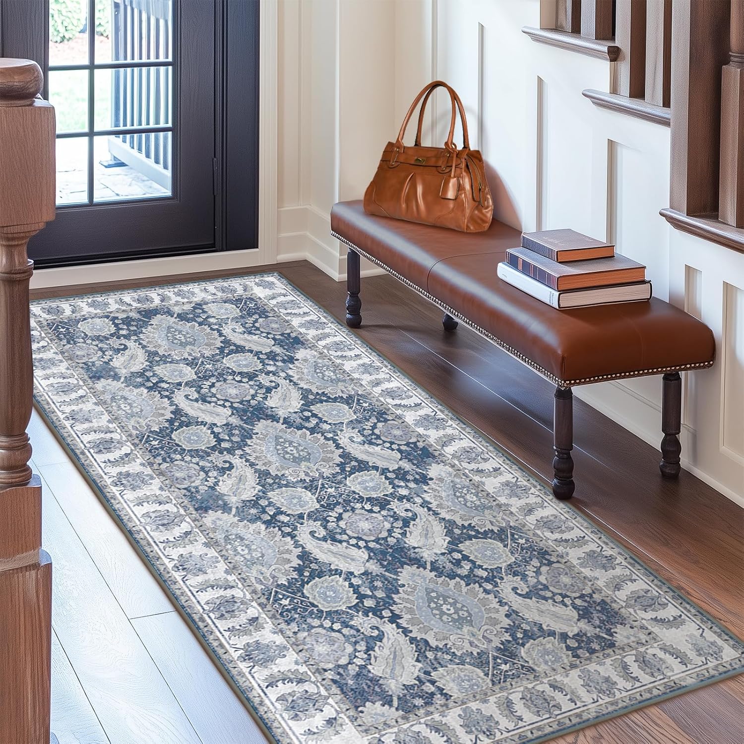 Boho Runner Rug Washable Runner Rug Low Pile Carpet Non-Shedding High Traffic Area Rugs for Living Room Bedroom Kitchen Dining Room Entrance Indoor-Navy Blue/Grey Navy Blue/Grey (size unknown)