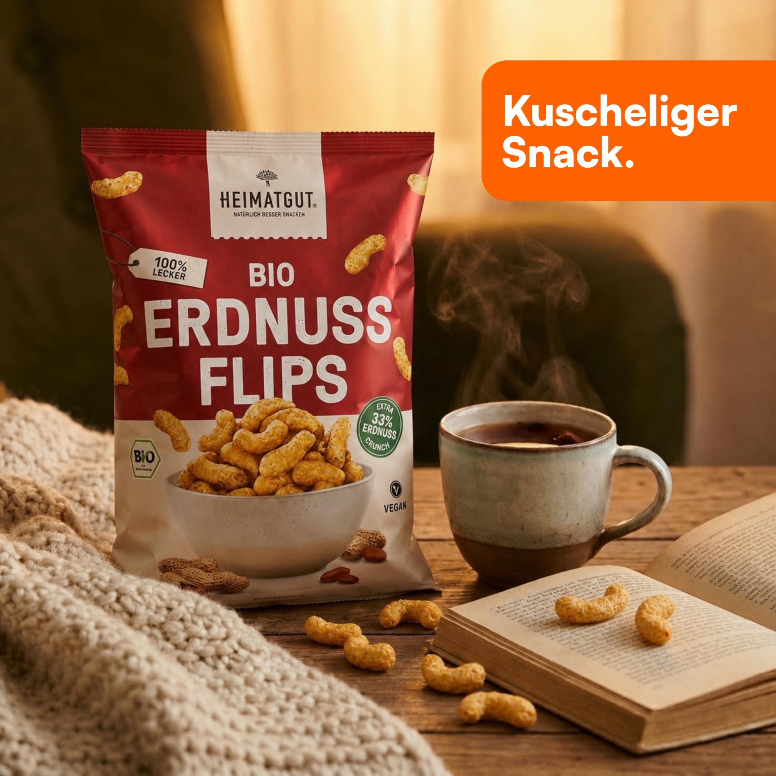 HEIMATGUT Bio Erdnussflips - Im Ofen gebacken statt frittiert - 100% Bio & Vegan - Mit 33% gerösteten Erdnüssen - Proteinquelle - Ohne künstliche Zusätze - 123 kcal pro Portion (14 x 125g)