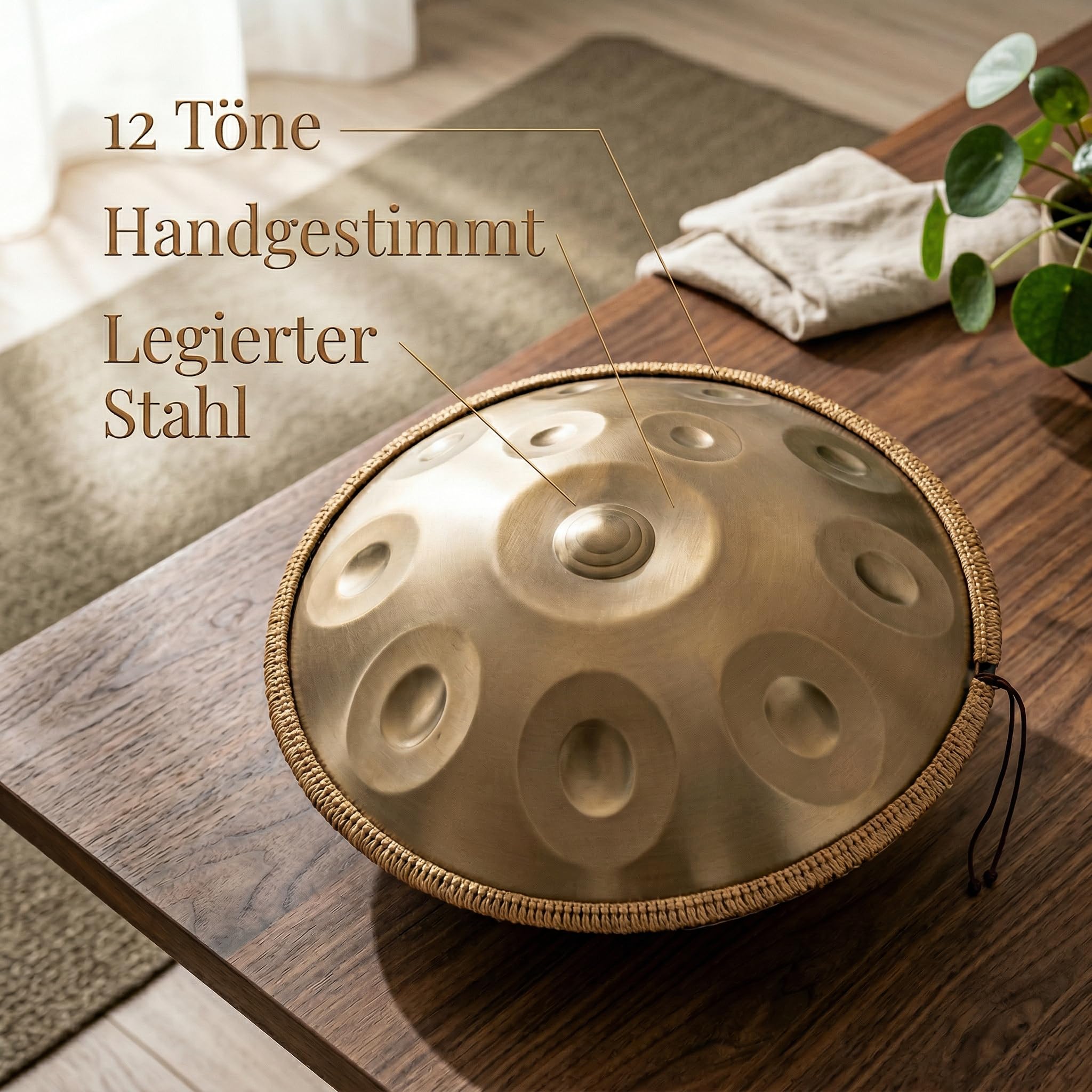 Handpan 22 Zoll 12 Töne D-Kurd 440Hz Gold Trommel Set für Meditation Yoga Klangheilung Legierter Stahl inkl Tasche Ständer Schlägel Reinigungstuch Notenaufkleber