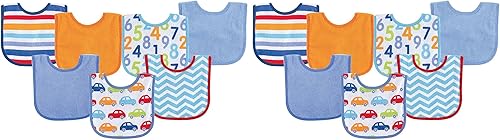 Luvable Friends - Baberos unisex de algodón de felpa con respaldo de PEVA Automóvil azul,Comida azul,Niño Náutico,Mariposa,Mariquita,Comida