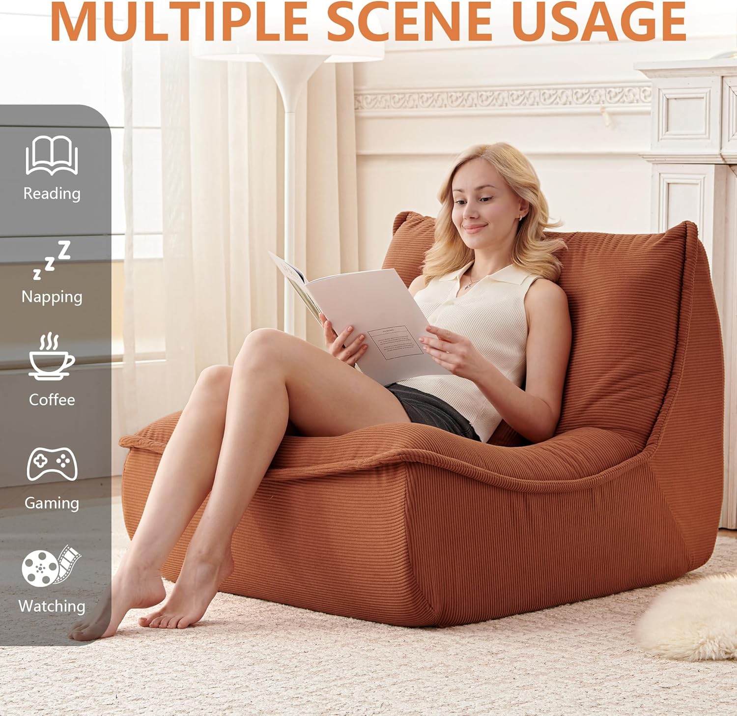 Bean Bag Chair for Adults, Single Lounge Chair with Lumbar Pillow, Comfy Floor Sofa with High-Resilience Foam, Lazy Accent Chair for Living Room, Bedroom, Apartment, Or Reading Corner, Orange