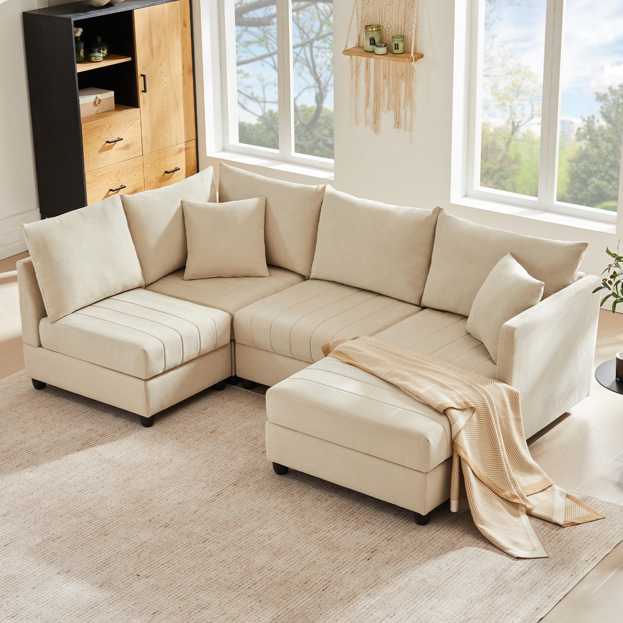 Divano moderno ad angolo, 220x194x85cm, divano a 5 posti, divano a L con poggiapiedi trasformabile e 2 cuscini, a righe verticali, divani combinato,sofa,Beige