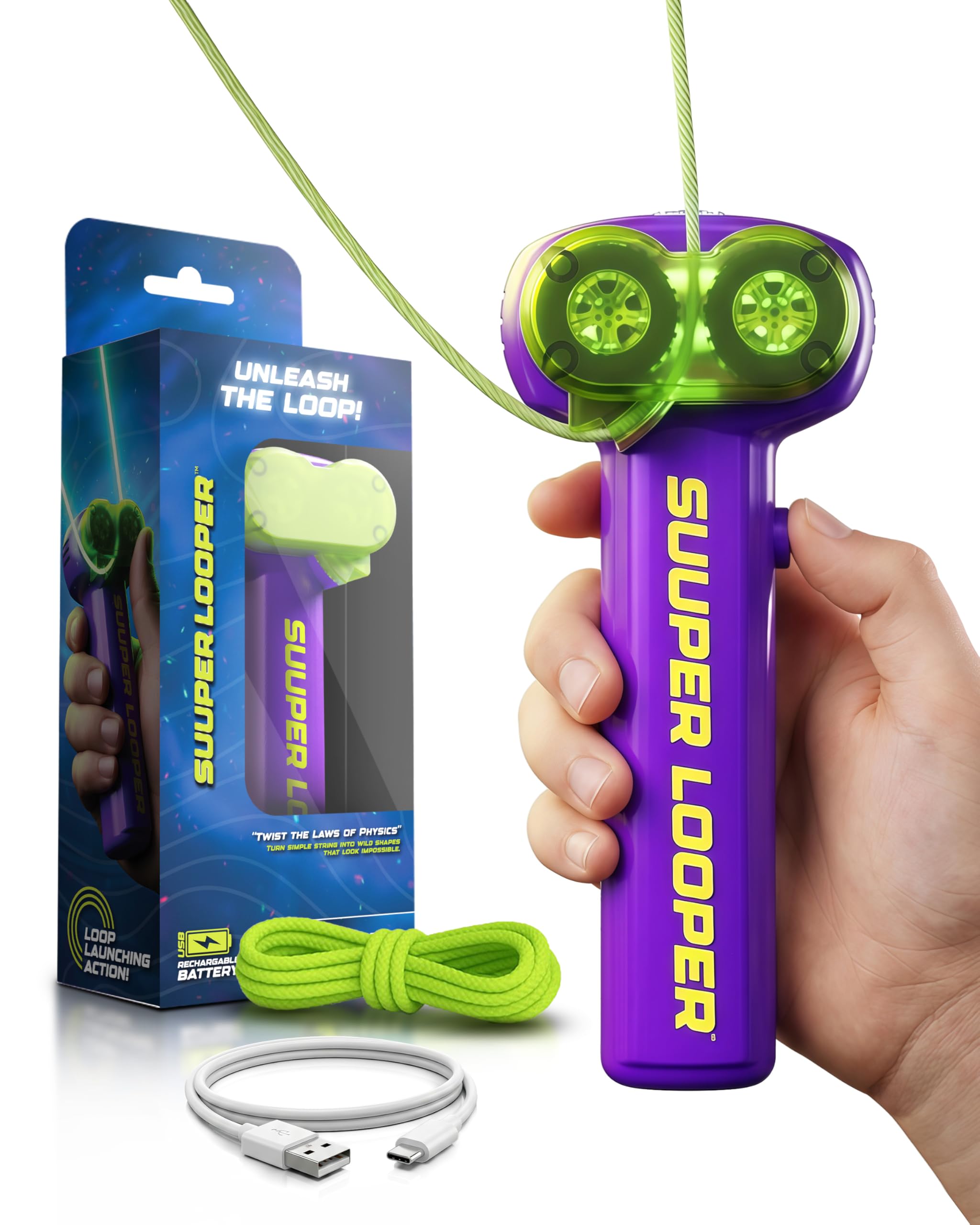 Super Looper Rope Launcher Toy Gun for Kids 3+ |Rechargeable LED Glow String Shooter|Dual Motor Loop Launcher| UV Rope|Sensory Stress Relief Toy|Indoor Outdoor Play Gift for Boys& Girls(Purple)-image-1