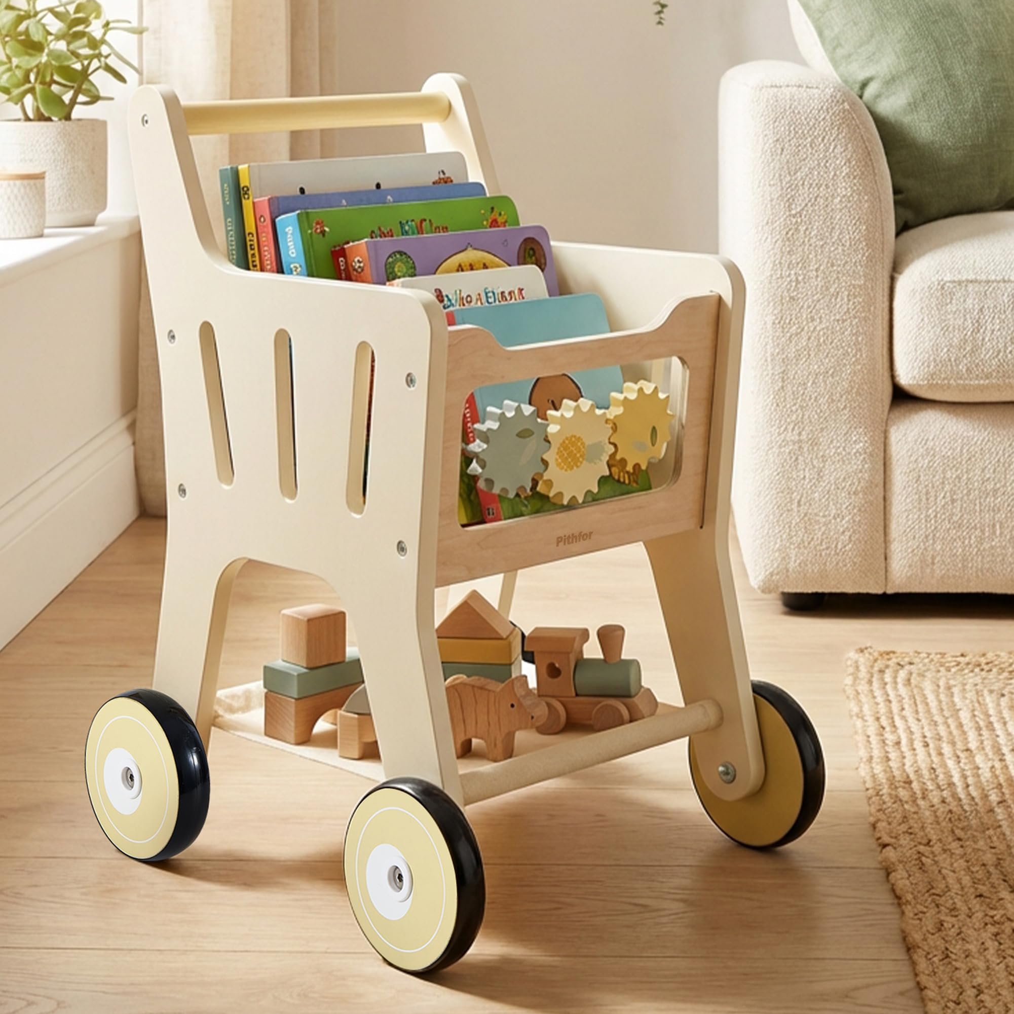 Pithfor Holz-Einkaufswagen für Kinder, 3-in-1 Holz-Baby-Push-Walker, Baby-Puppen-Kinderwagen, Spielzeug-Einkaufswagen für Kleinkinder 1-3